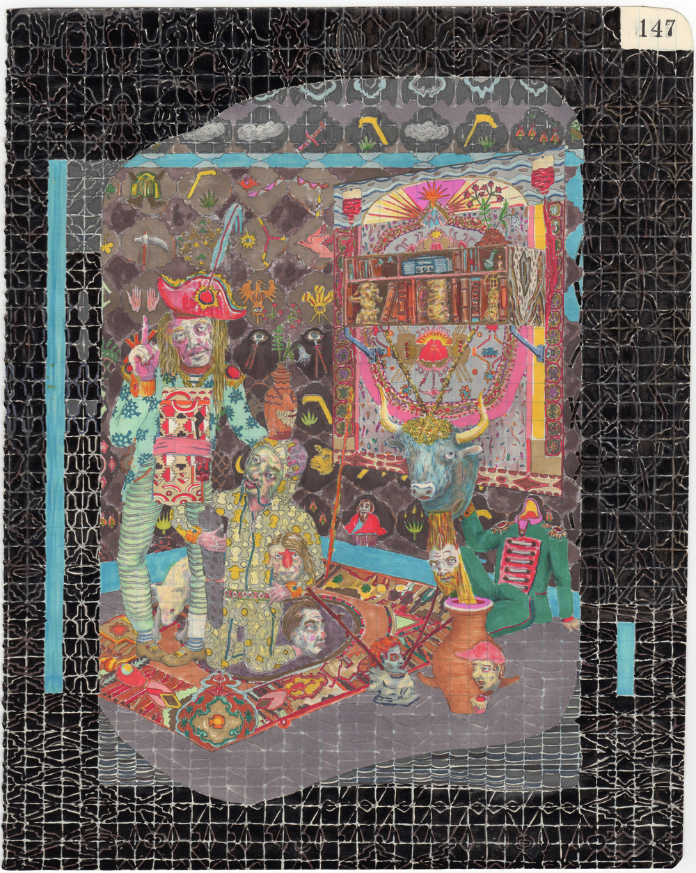 An intricately detailed graphite drawing on paper depicting a densely populated interior scene filled with fantastical and surreal elements. The composition features ornate architectural details, vibrant patterns, numerous figures in various states of interaction, decorative objects, and layered spatial depth, all rendered with meticulous linework and shading in black, white, and gray tones.