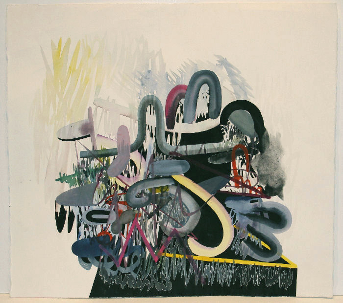 An abstracted composition featuring layered, interlocking organic forms in dark navy, black, and deep teal, accented with bright pops of red, yellow, and pink. The densely packed shapes suggest a chaotic accumulation or pile, rendered with gestural brushwork that creates areas of soft gradation and sharp contrasts against a pale beige ground.