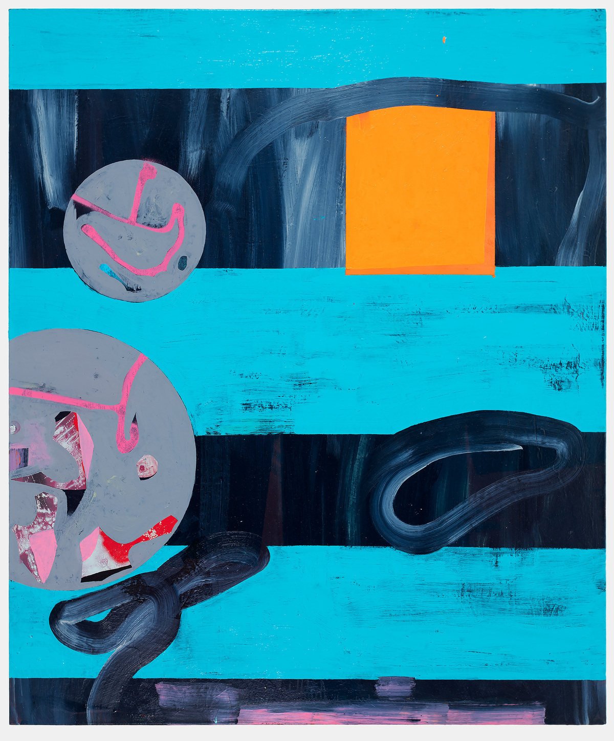 Abstract composition with horizontal stripes of bright turquoise and dark navy, featuring two gray circular forms marked with pink lines on the left, an orange rectangle in the upper right, and flowing dark brushstrokes suggesting organic shapes across the canvas.