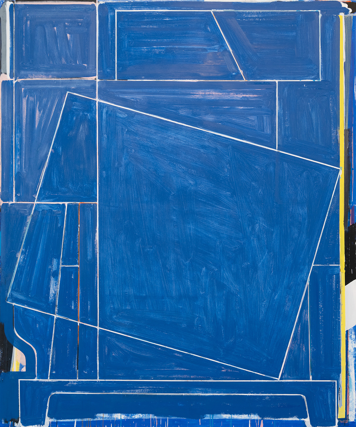 A predominantly blue abstract composition featuring overlapping rectangular and trapezoidal forms outlined in white and accented with rust and yellow lines. The layered geometric shapes create a sense of depth and movement across the canvas, with visible brushstrokes throughout the predominantly monochromatic blue palette.