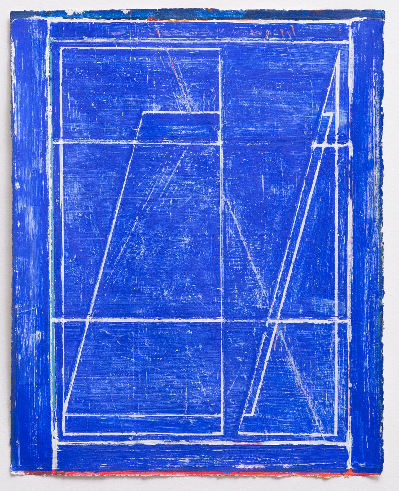 A bright blue abstract composition featuring white linear geometric forms suggesting an interior architectural space, with rectangular and triangular shapes outlined against the monochromatic blue ground. The surface shows visible brushstrokes and layered paint application, with traces of red visible along the bottom edge.