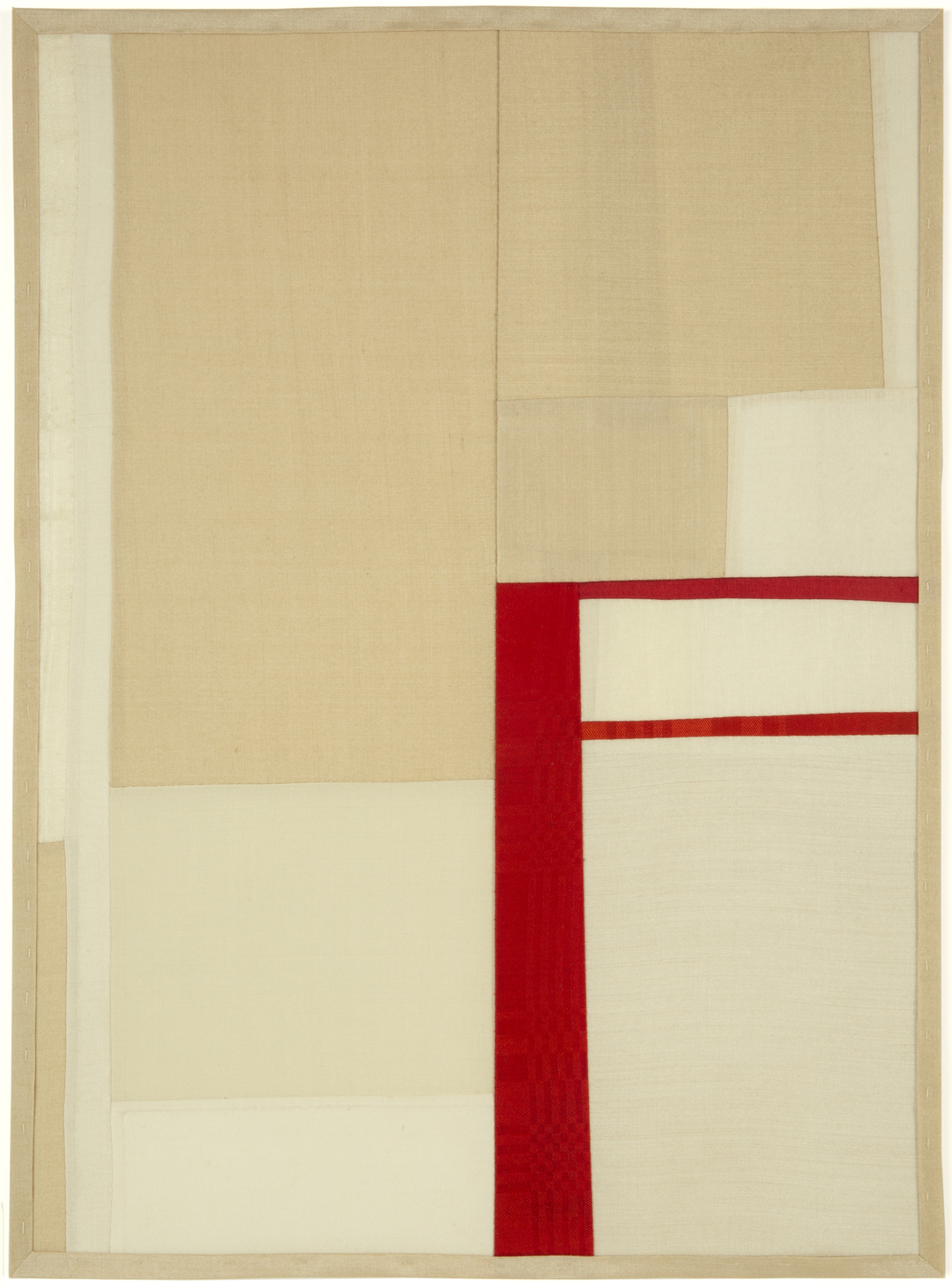Abstract composition featuring geometric rectangular forms in cream, tan, and beige tones, with a bold vertical red stripe intersecting horizontal red bands on the right side, creating a modernist arrangement against a natural linen frame.