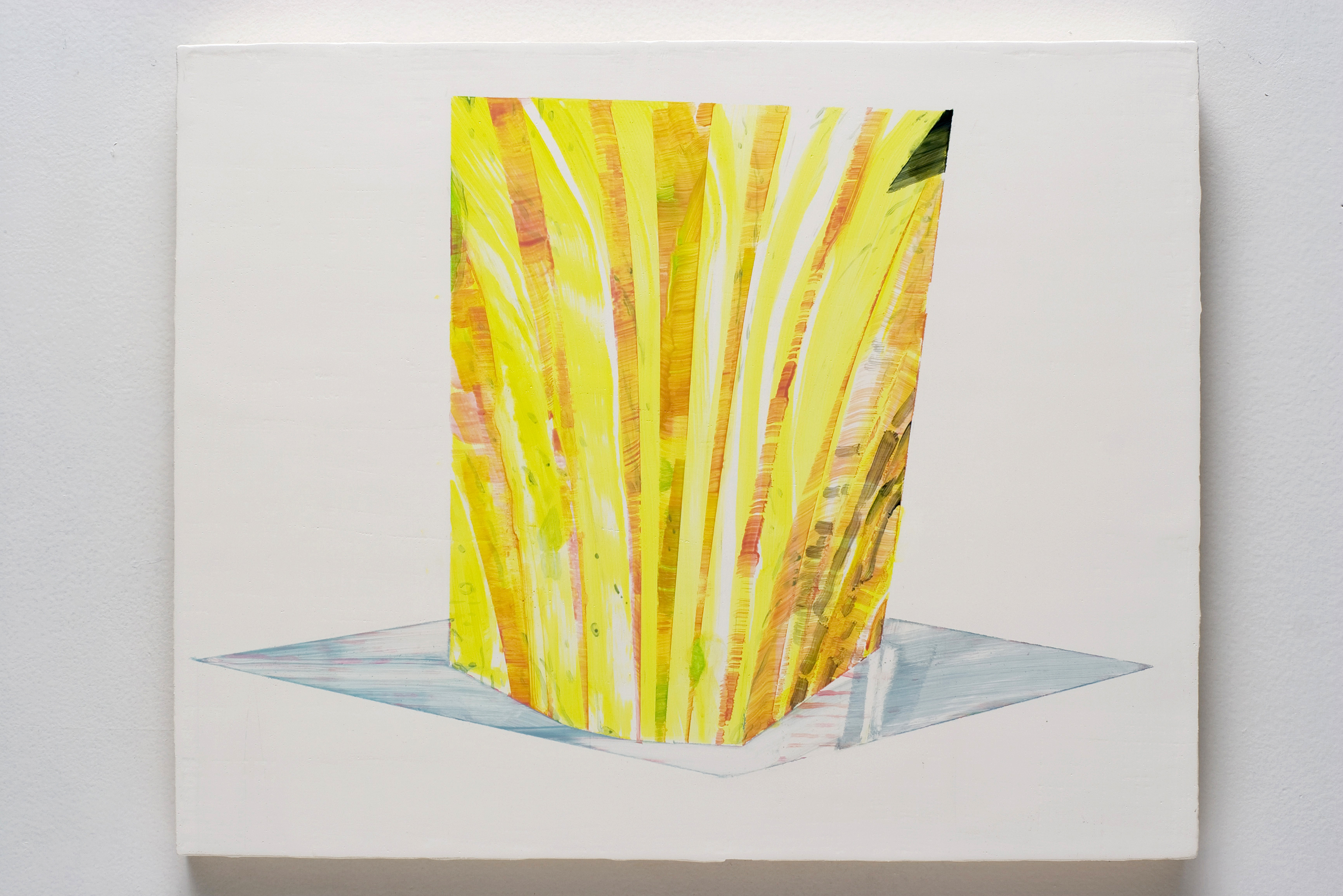 A vertical rectangular form with yellow, orange, and white striped surfaces stands upright on a light blue diamond-shaped base against a white wall. White highlights create luminous vertical bands across the colored stripes, giving the composition a sense of volume and dimension.