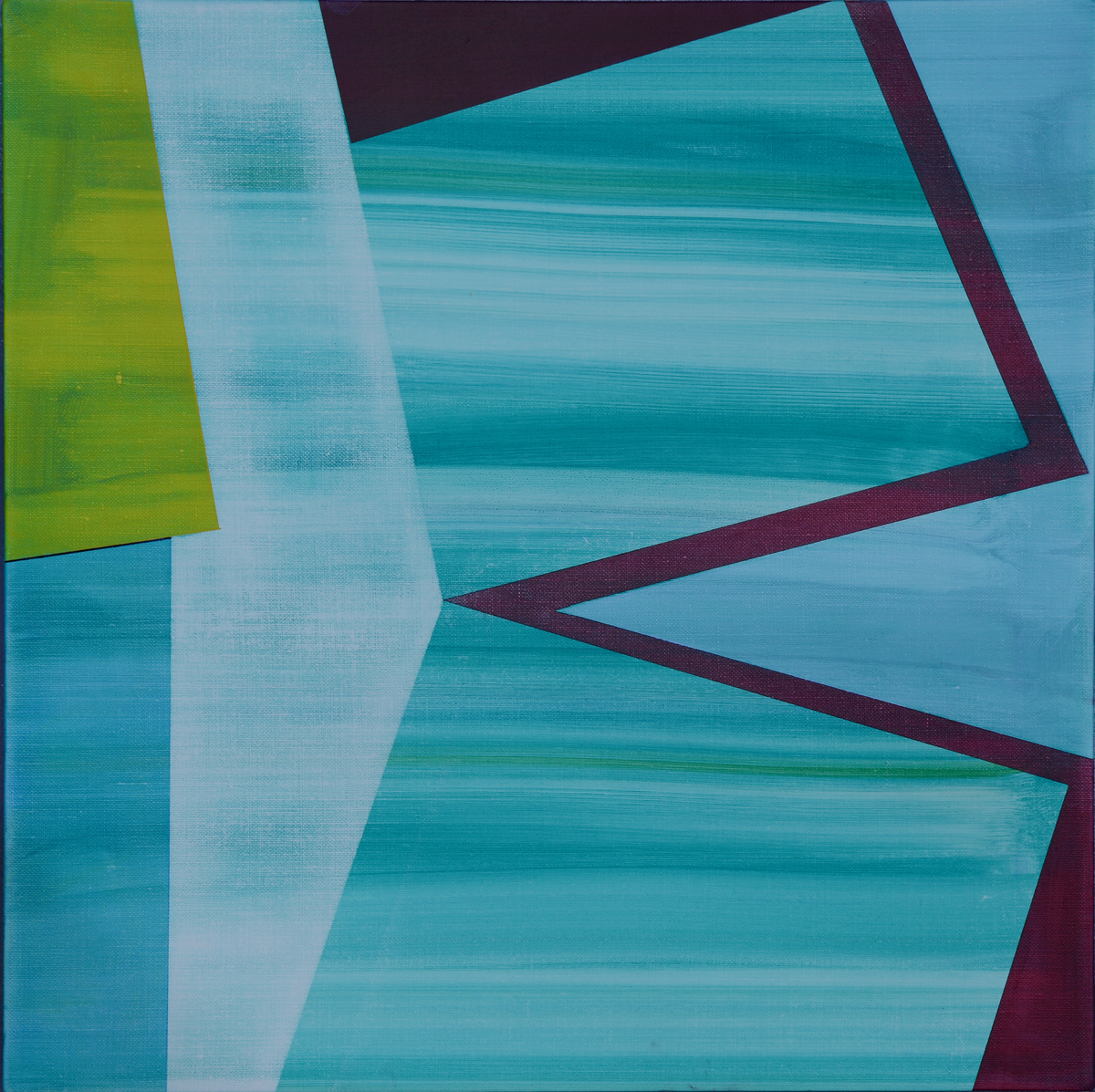 Abstract geometric composition featuring overlapping rectangular forms in shades of turquoise, teal, and cyan, punctuated by a lime-green vertical band on the left and deep burgundy angular lines. Horizontal brushstrokes create a sense of movement across the layered planes, which appear to shift and recede against a soft blue background.