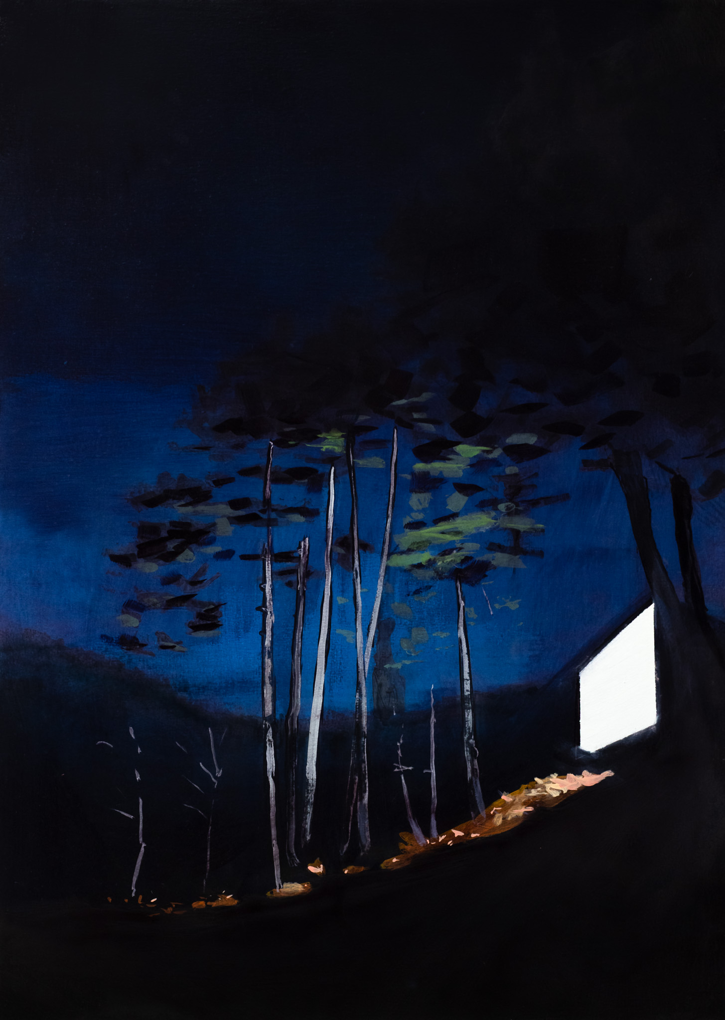 Underwater scene rendered in deep blue tones with silhouetted vertical forms rising from an illuminated sandy seafloor. Schools of small fish swim above while a bright rectangular opening suggests an external light source, creating a surreal dreamlike composition with dramatic contrast between the glowing lower portion and dark upper waters.