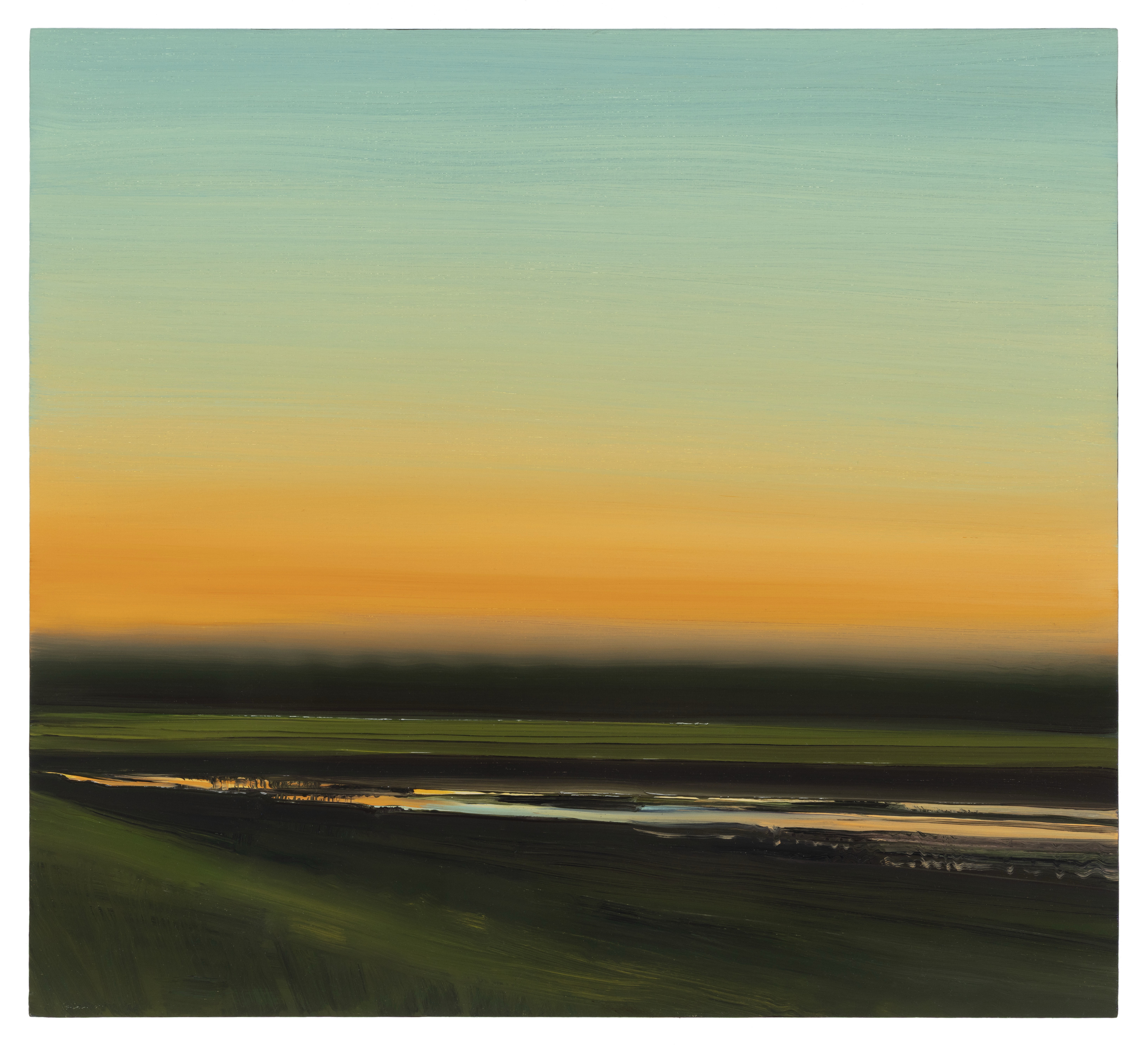 Horizontal landscape painting with a gradient sky transitioning from teal-green at the top through pale yellow to warm orange at the horizon. Dark horizontal bands divide the composition, with a luminous waterway cutting through shadowed terrain in muted greens and blacks, creating a sense of depth and atmospheric perspective.