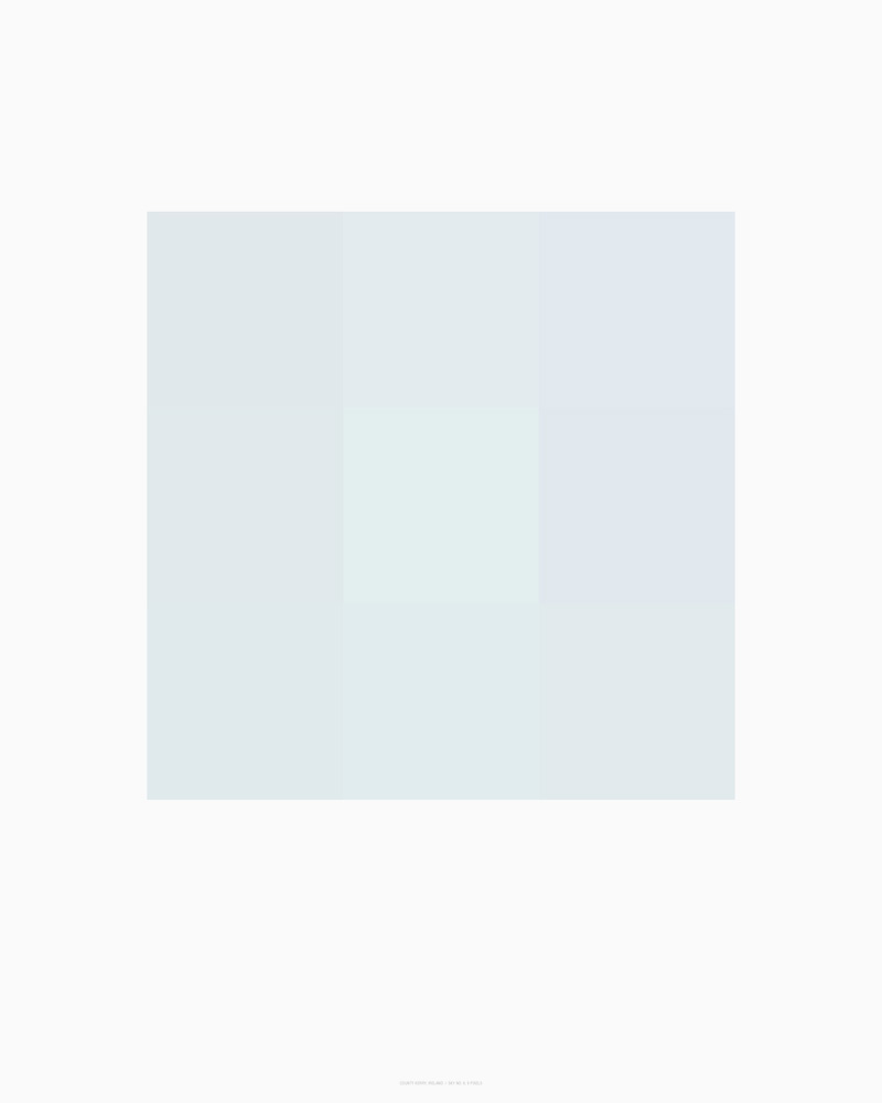 A soft, minimalist composition featuring a pale blue-grey rectangular form centered against a white background, with subtle tonal variations creating a delicate, atmospheric quality throughout.