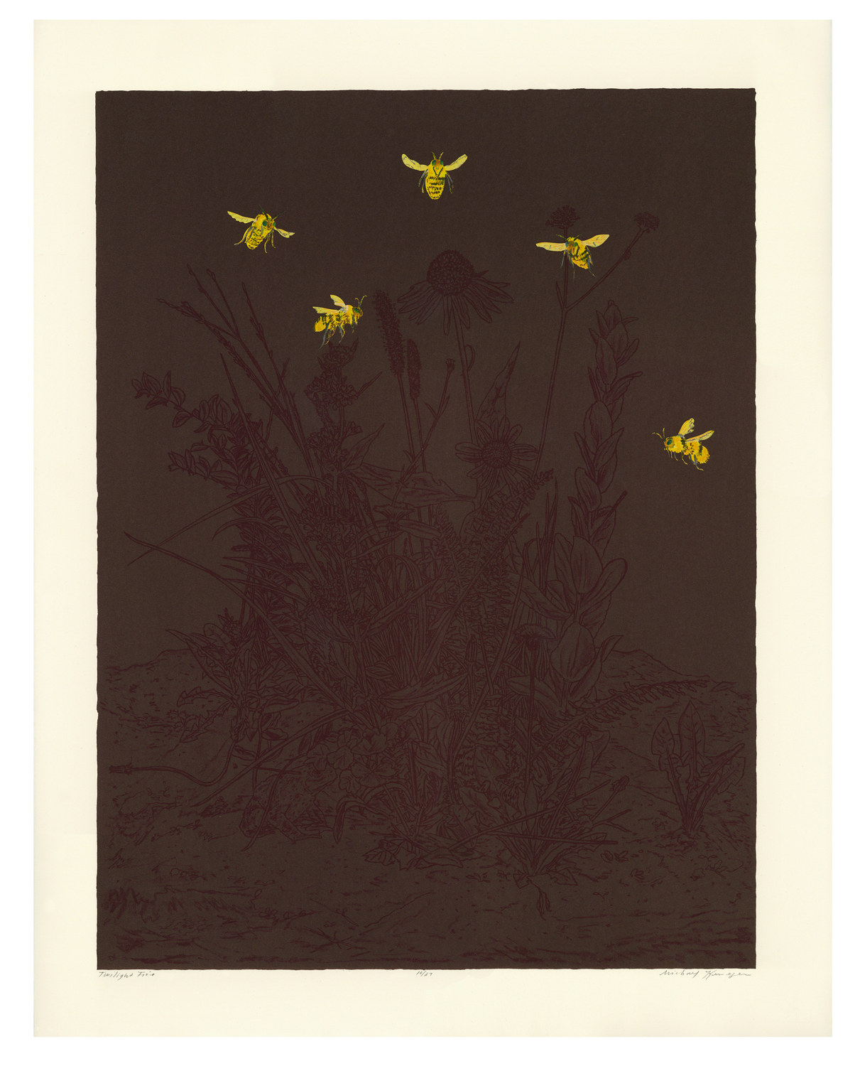 A dark brown composition depicting wildflowers and grasses rendered in fine line work, with five bright yellow bees in flight scattered across the upper portion of the composition against the darker background.