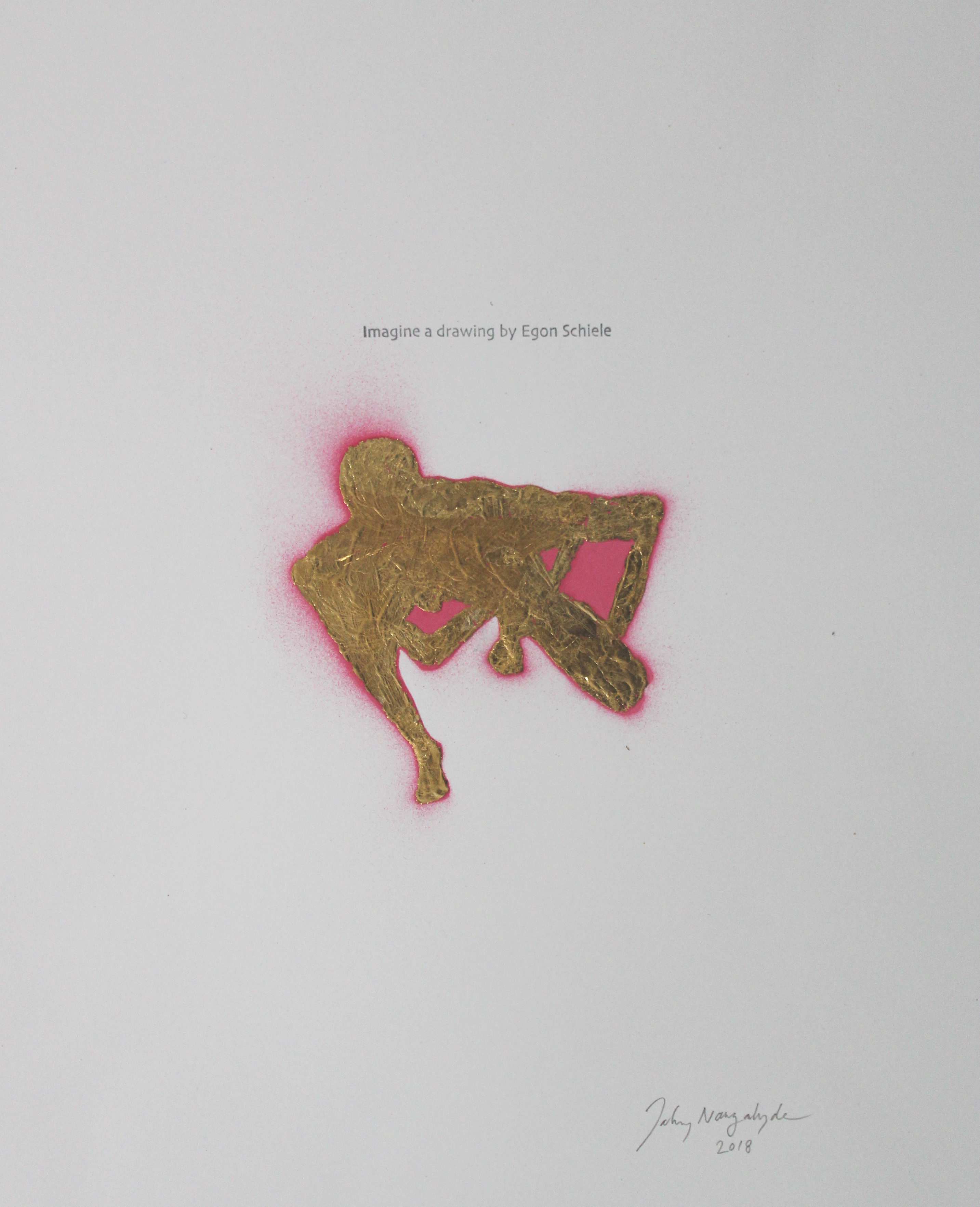 A golden-brown abstracted figure with textured surface detail set against a bright pink glowing halo, centered on a light gray paper ground. The form suggests a contorted human body rendered in metallic material with stark cutout voids, creating a striking contrast between the warm metallic tones and vibrant magenta radiance.