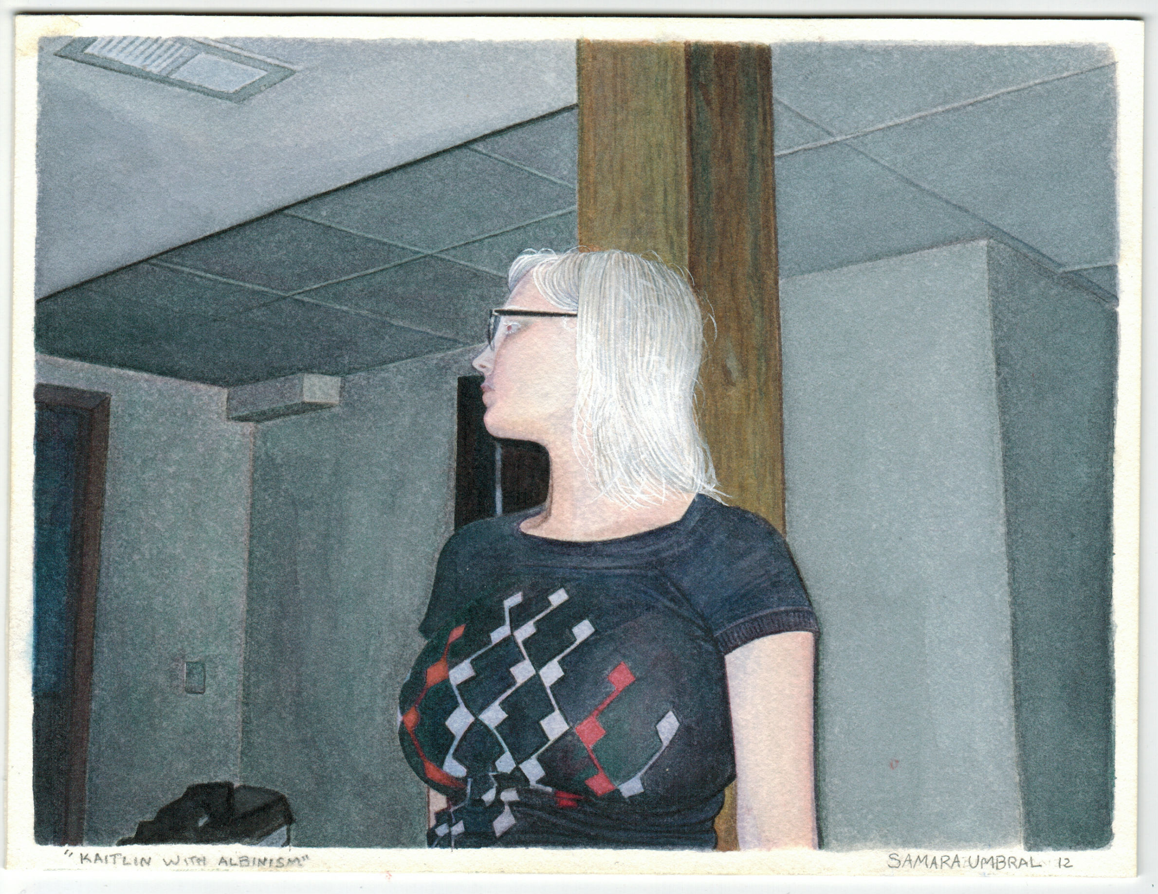 A figure with long white hair and glasses stands in profile in a modest interior space with gray-green walls and a wooden support column. She wears a black short-sleeved shirt with a red and white argyle pattern, her pale complexion contrasted against the muted architectural background rendered in watercolor.