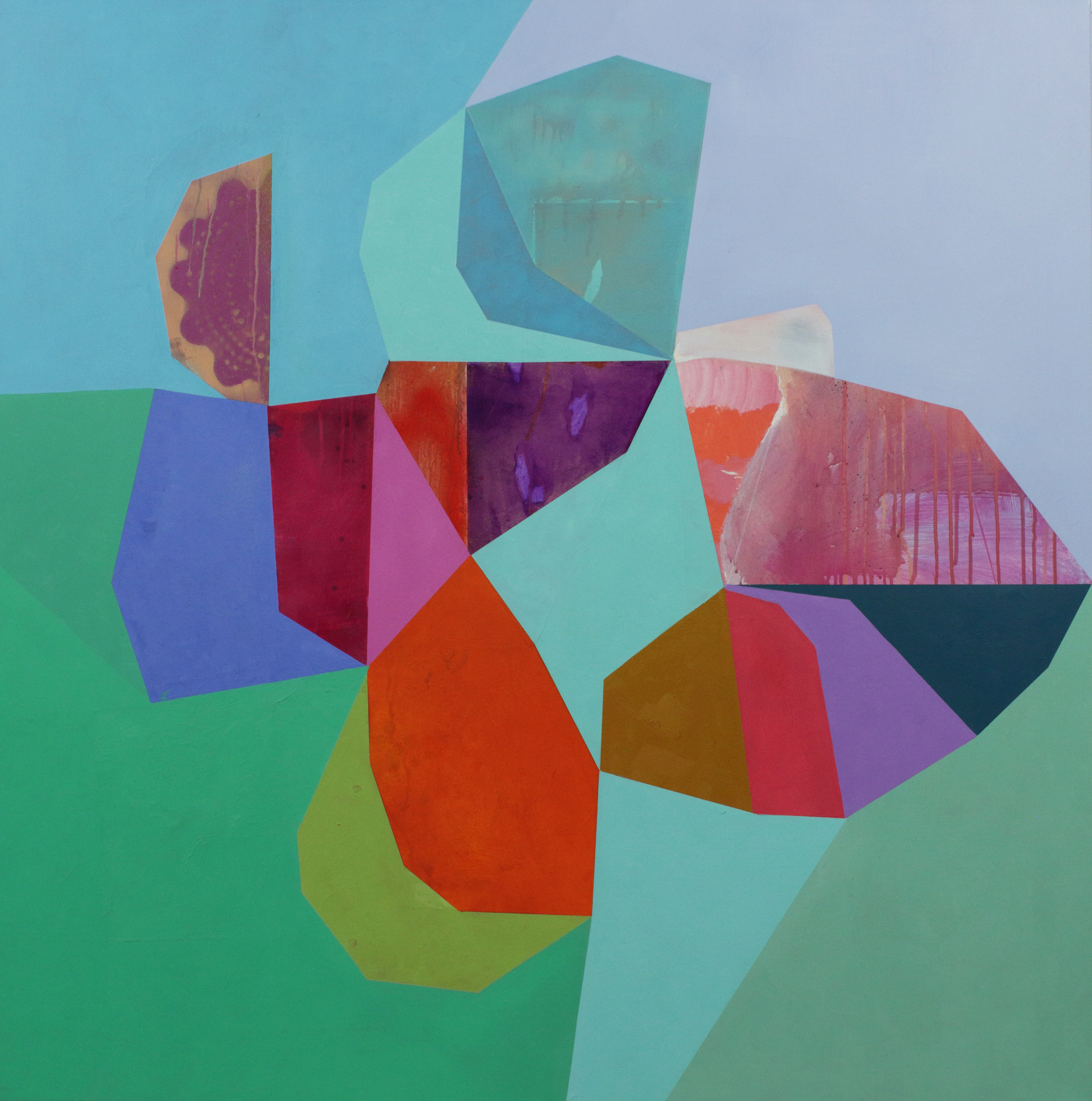 Abstract composition featuring overlapping geometric shapes in vibrant colors including turquoise, red, pink, purple, yellow, and green. Layered planes create depth across the composition, with translucent and opaque sections suggesting three-dimensional forms against a soft blue and green background.