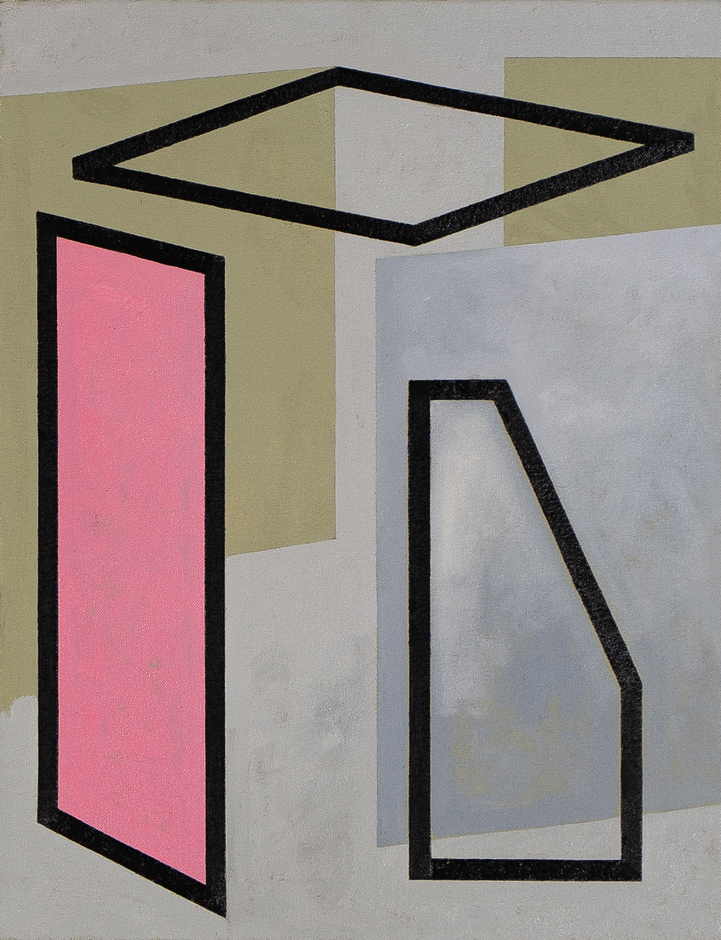 Abstract geometric composition featuring an isometric interior space with black outlines defining angular walls and planes. A bright pink rectangular panel occupies the left side, while soft yellow, gray, and cream-colored planes create depth and suggest multiple overlapping rooms or architectural surfaces.