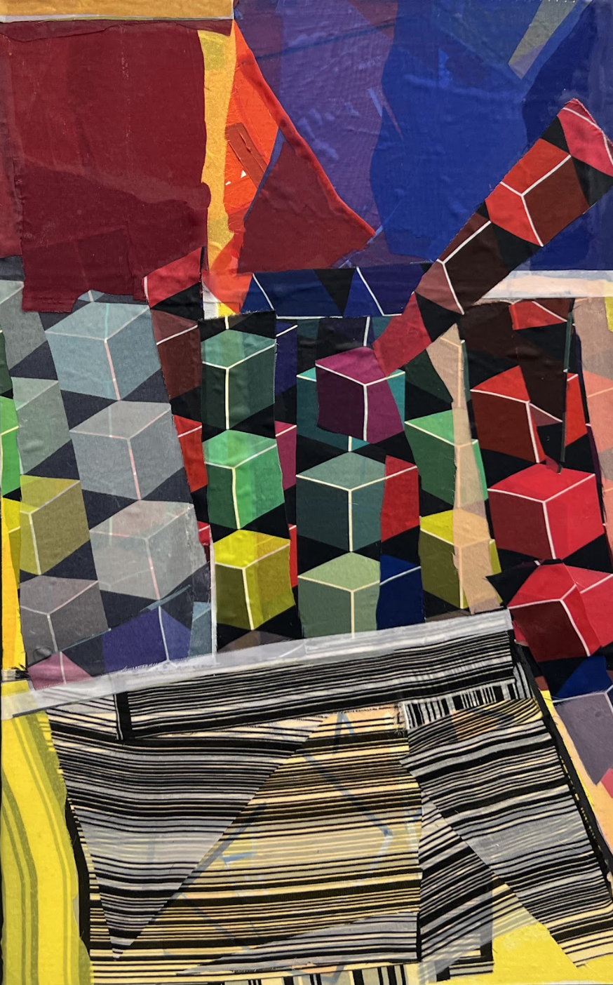 Mixed media artwork featuring geometric 3D cubes in vibrant colors—red, blue, green, yellow, and burgundy—arranged across the upper portion of the canvas, overlaid with translucent colored fabrics. The lower section displays bold black and white striped patterns with touches of yellow and tan, creating a dynamic contrast between the dimensional cubic forms above and the linear abstraction below.