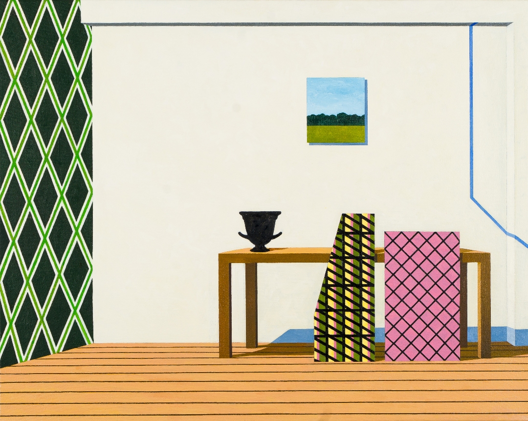 A minimalist interior scene featuring a wooden table with a black urn, flanked by geometric patterned panels in yellow-and-black stripes and pink quilted diamond motifs. The room has a green diamond-patterned wallpapered left wall, cream-colored walls, wooden flooring, and a framed landscape painting hung above. A blue architectural element appears on the right side.