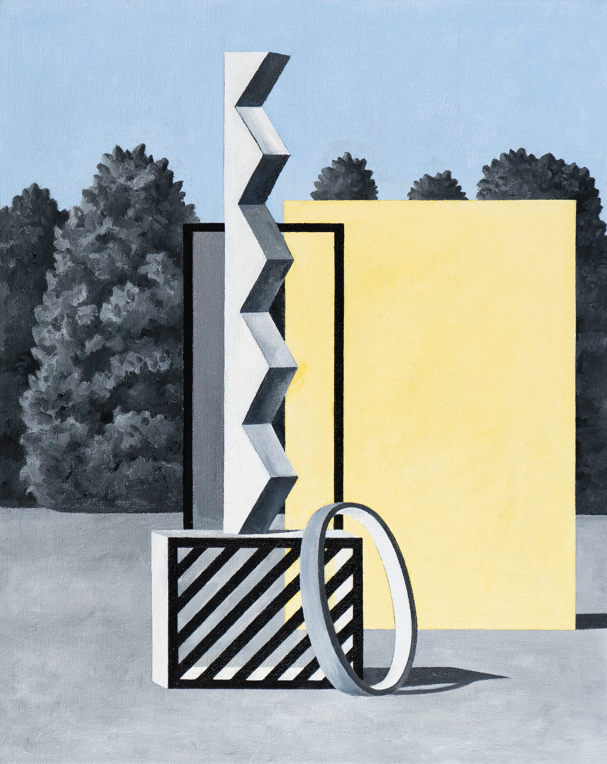 A geometric composition featuring a large yellow rectangle against a backdrop of dark evergreen trees. A white panel with a black chevron pattern intersects the scene, alongside a striped cube and a metallic circular form in the foreground. The work employs a cool blue sky and neutral ground plane, combining abstraction with naturalistic landscape elements.