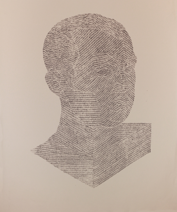 A monochromatic bust rendered in fine linear hatching in graphite and silver ink against a neutral beige background. The portrait-style sculpture is shown from the shoulders up, with subtle dimensional modeling created entirely through directional line work that suggests form and shadow.