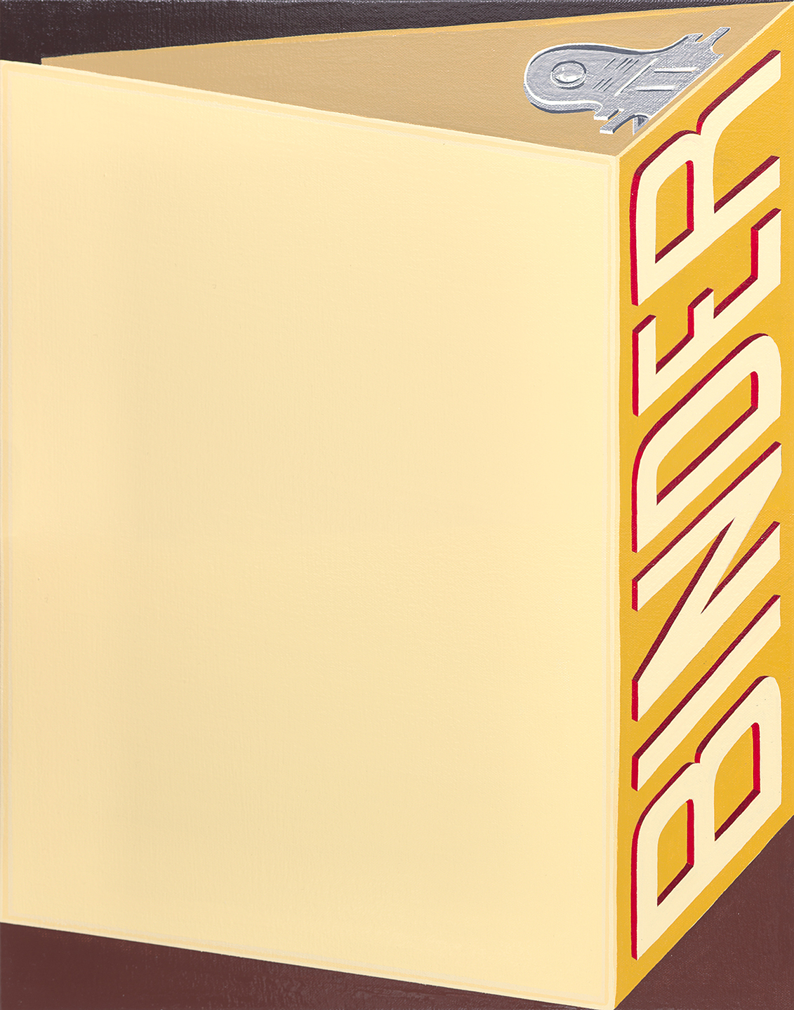 A cream-colored folder or binder depicted in isometric perspective, rendered in enamel on canvas. The right edge features a bold geometric pattern in gold, red, and cream, with angular Art Deco-inspired designs, while a metallic clasp appears at the top corner against a dark brown background.