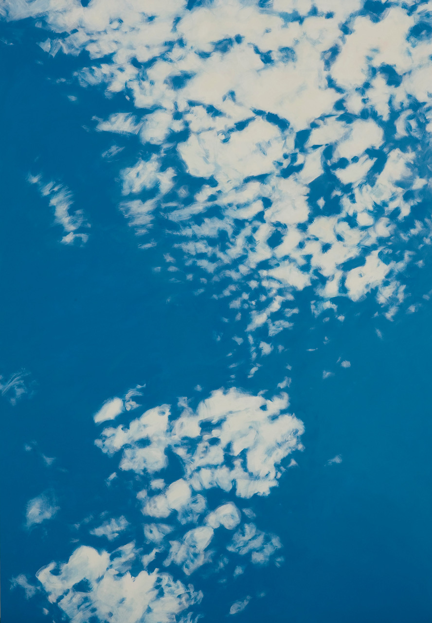 Aerial view of a bright blue sky scattered with white and cream-colored clouds arranged across the canvas. The composition divides the picture plane into areas of saturated blue interrupted by organic cloud formations, creating a serene, atmospheric landscape.