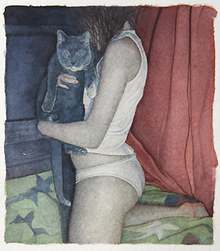 A figure in white undergarments holds a gray cat against their torso. The composition shows the person from roughly waist-up, set against a background of deep blue, burgundy drapery, and green patterned fabric, rendered in soft watercolor tones.