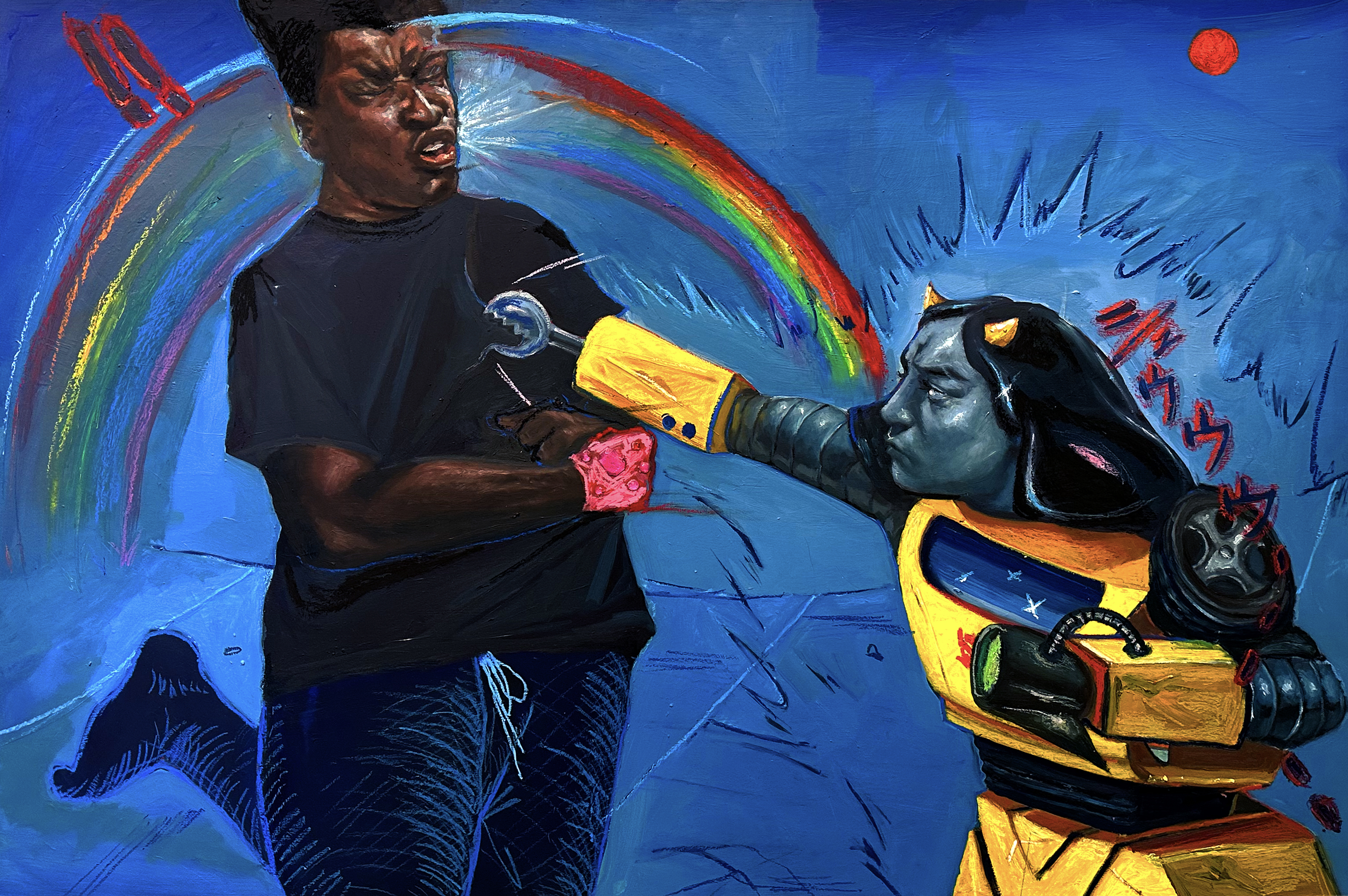 A vibrant blue composition featuring two figures in dynamic interaction: a standing figure with dark skin on the left wearing a black shirt, with an expression of exertion, and a figure with blue-toned skin on the right wearing yellow and black armor-like clothing. A rainbow arc curves behind the standing figure, while a red sun glows in the upper right. The painting incorporates expressive gestural marks and includes applied gemstone elements, rendered in oils and pastels on panel.