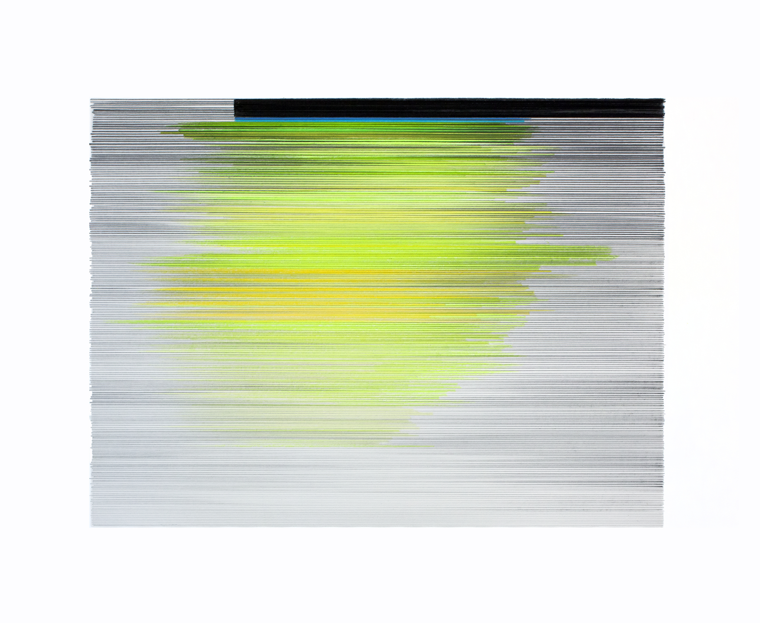 Horizontal composition of densely layered fine lines in graphite and colored pencil, predominantly gray with a bright yellow-green luminous form emerging from the upper-center area that gradually fades toward the edges and lower portion of the mat board.