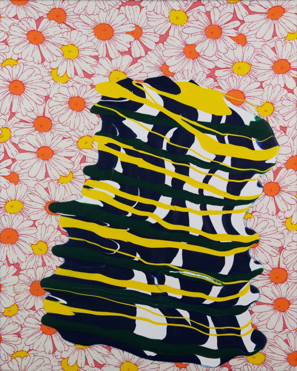 A stacked, abstract head rendered in layered horizontal strips of navy, white, and dark green with bright yellow curved lines overlaying the form, set against a background of delicately drawn daisies with orange and yellow centers in pink and red tones.