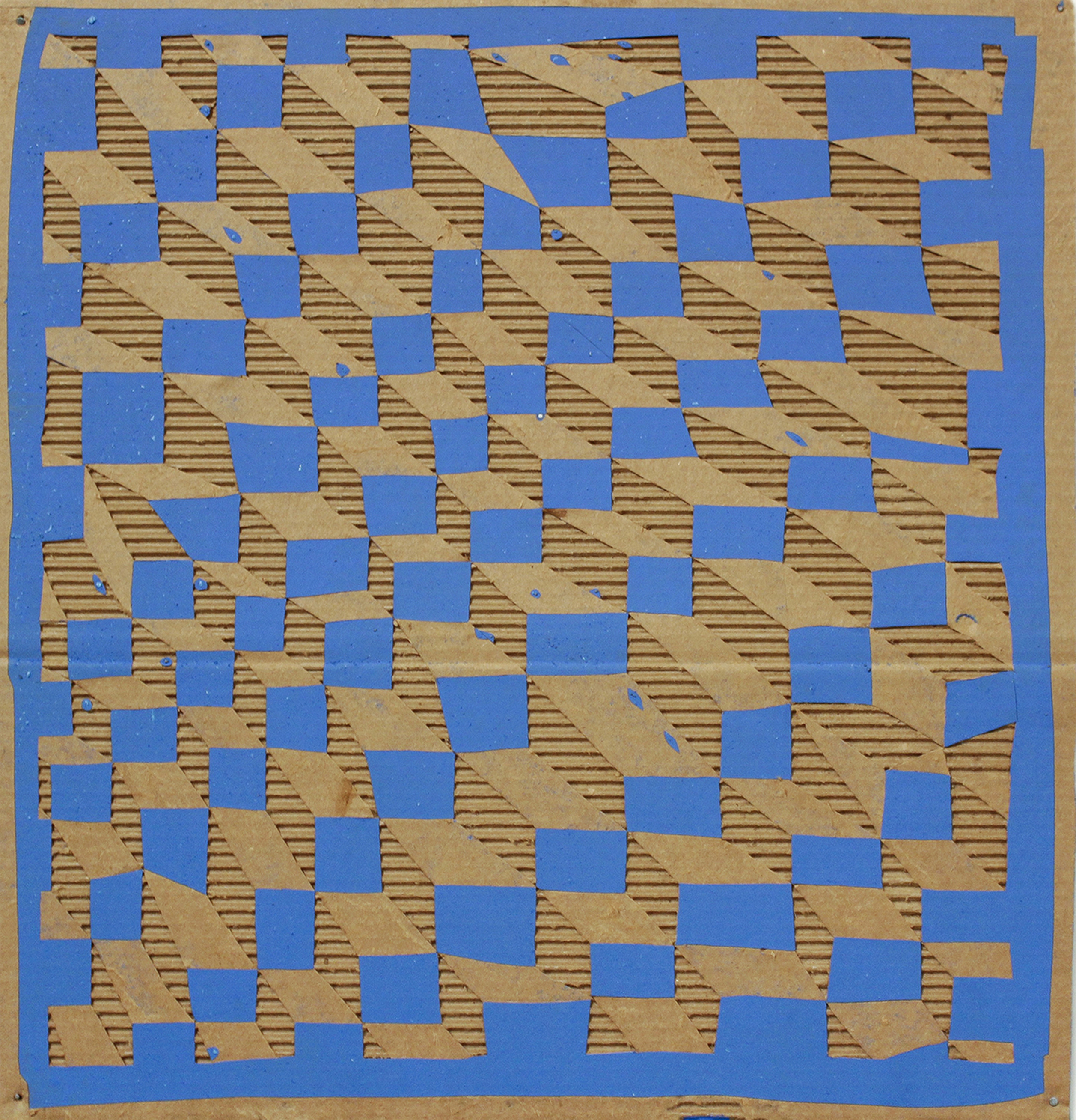 A checkerboard pattern of bright blue and tan squares covers a cardboard surface, with diagonal linear textures visible across the tan sections. The blue squares form a clean geometric grid while the underlying corrugated cardboard shows through in places, creating areas of visual depth and weathered abstraction.