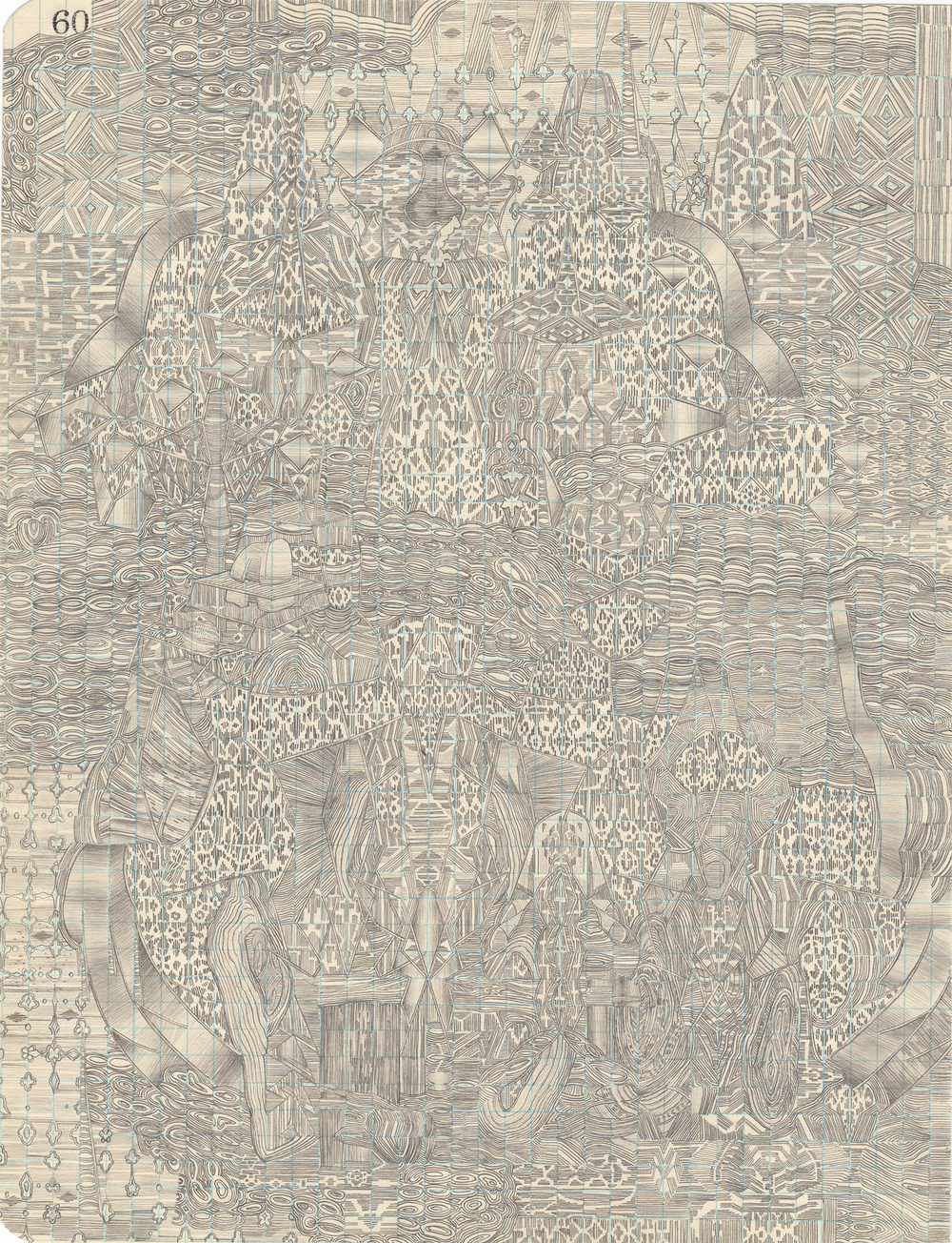 A densely detailed monochromatic drawing featuring an intricate landscape filled with architectural structures, forests, and topographical patterns rendered in fine linear marks and cross-hatching. The composition is framed by organic, curved borders and organized around a central vertical axis, creating a sense of depth and visual complexity across the entire paper surface.