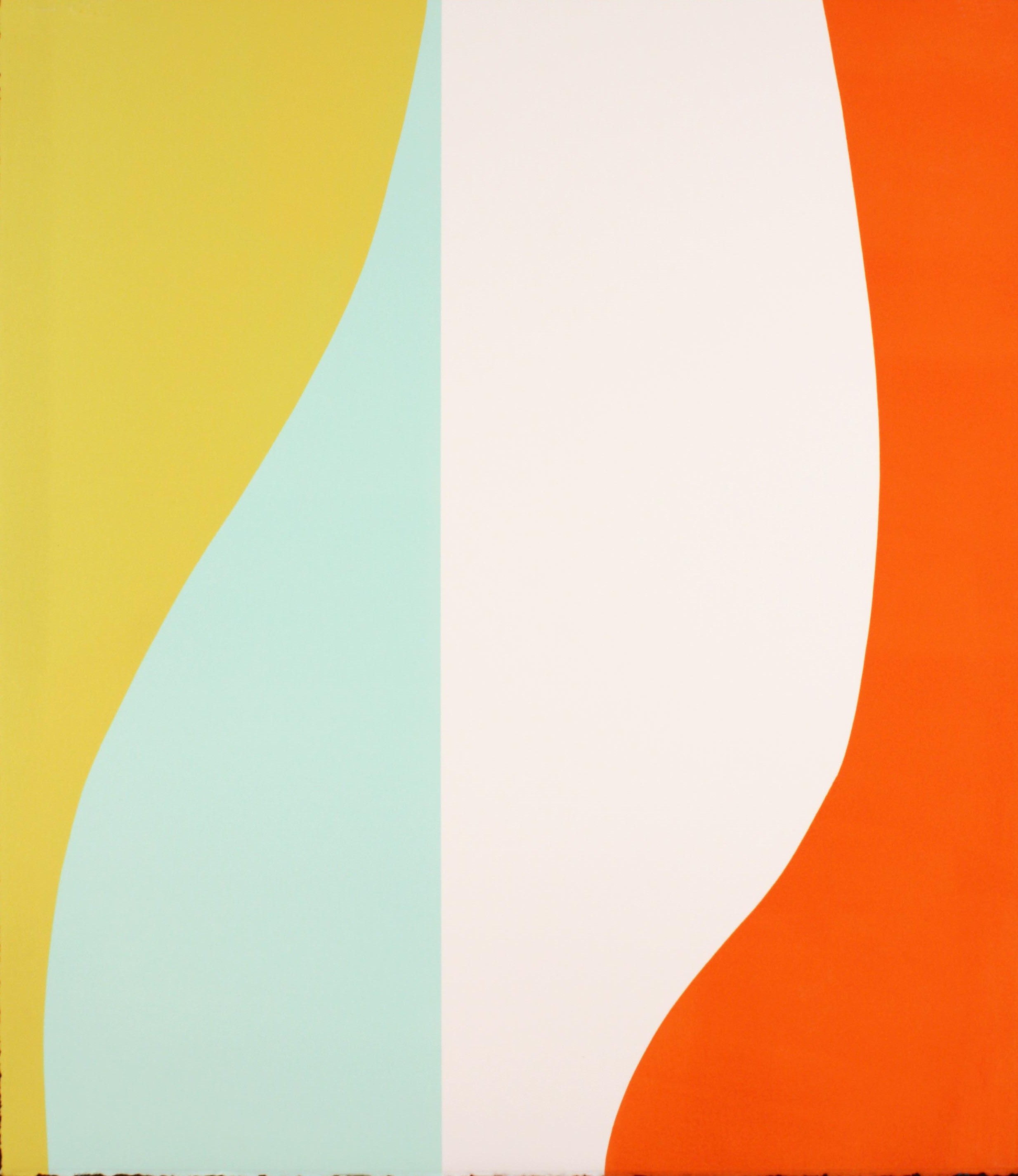 Geometric abstract composition featuring three vertical color fields—yellow on the left, orange on the right, and a central white curved form—separated by soft, undulating boundaries rendered in pale mint green.