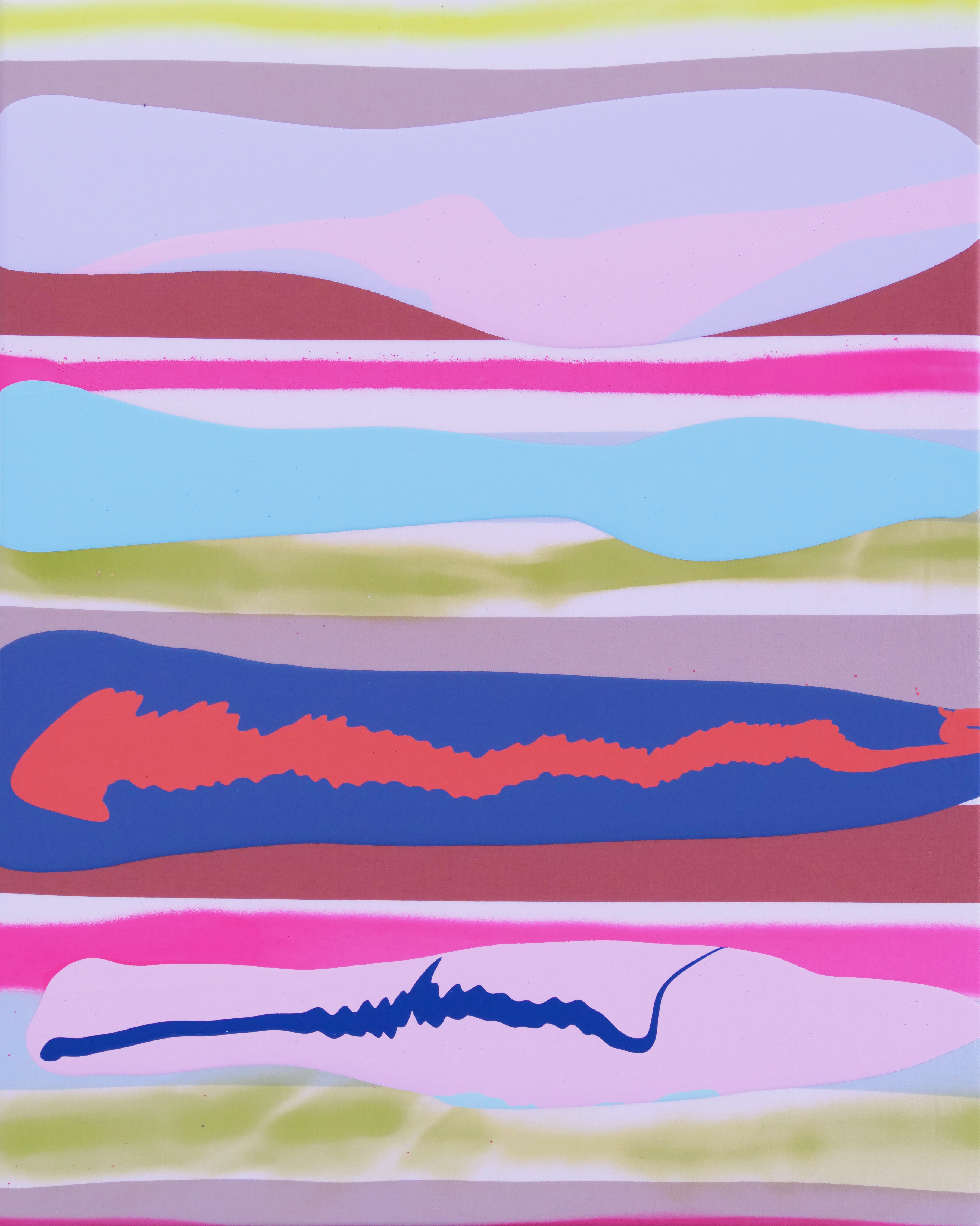 Horizontal layered composition featuring undulating stripes in vibrant hues of pink, blue, yellow-green, burgundy, and lavender, with gestural red and dark blue organic forms weaving across the center bands, creating a rhythmic, abstract landscape-like effect.