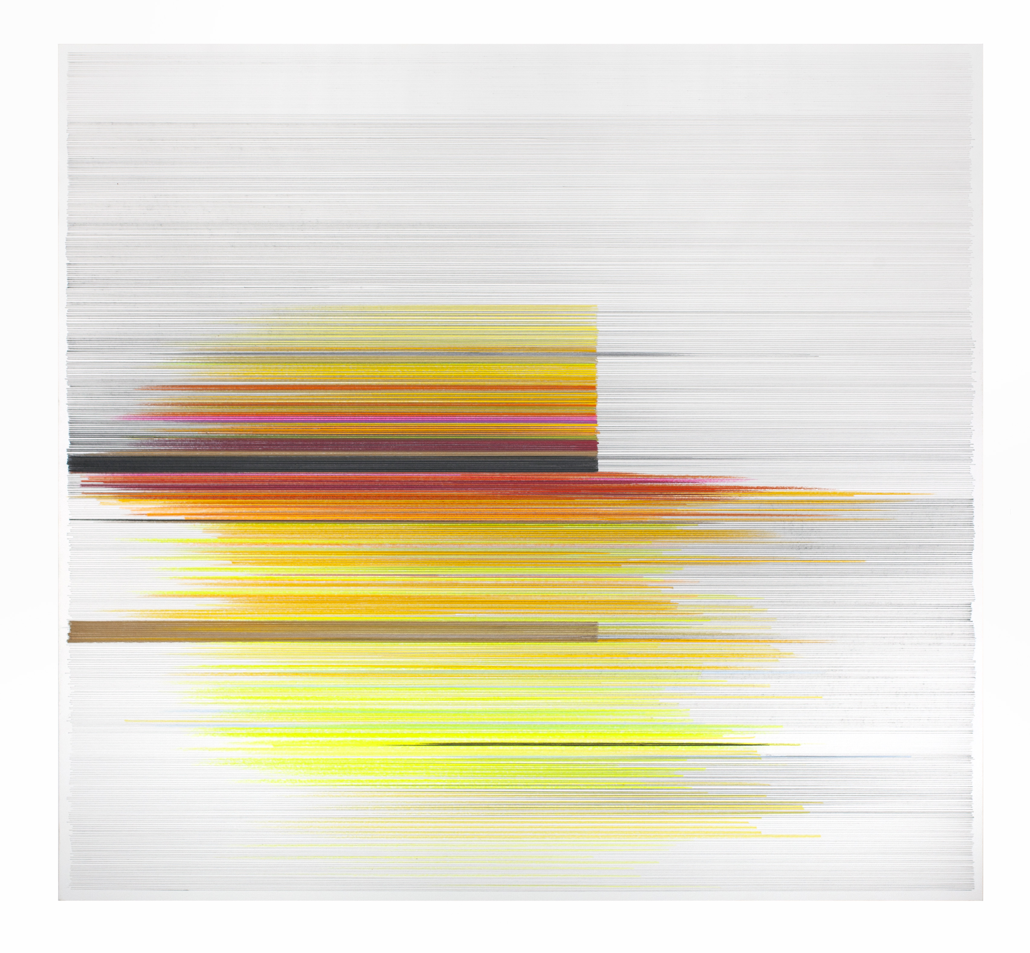 Horizontal bands of colored pencil strokes in yellows, oranges, and reds gradually fade and disperse across a light gray background, creating a sense of movement and atmospheric diffusion. A darker band of black and brown marks the composition's center, with the colored bands becoming increasingly sparse and ethereal toward the right edge.