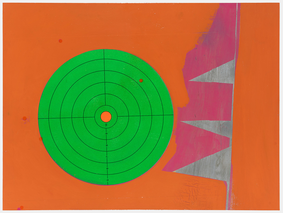 Vibrant abstract composition featuring a large concentric circle target in bright green with an orange center point against an orange background, accompanied by geometric pink and gray triangular forms on the right side.