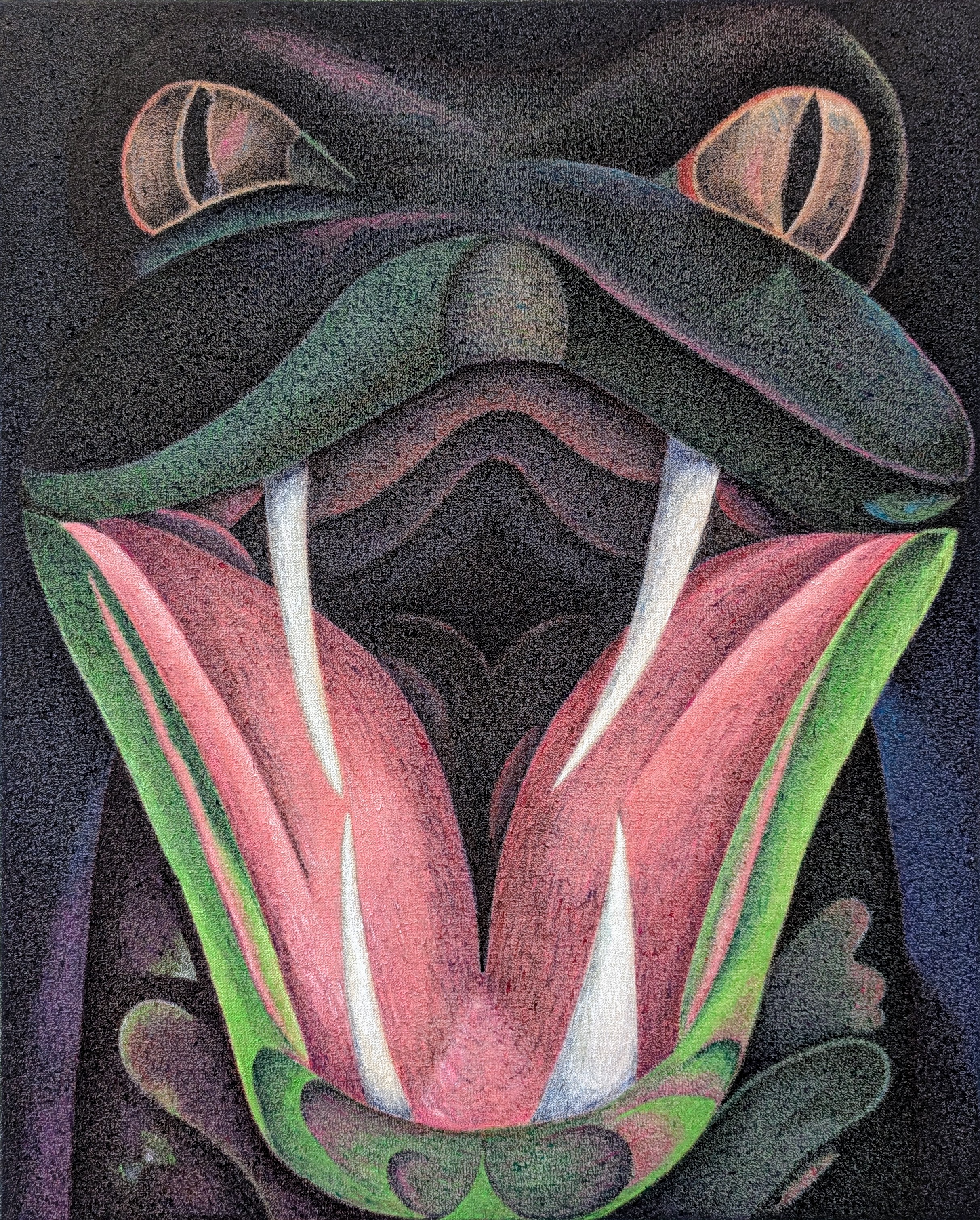 A stylized frog rendered in vibrant acrylic with an open mouth displaying pink and red interior tones, framed by green limbs. The composition features coral and pink ear-like protrusions at the top, set against a dark, textured background with subtle purple and blue tonal shifts.