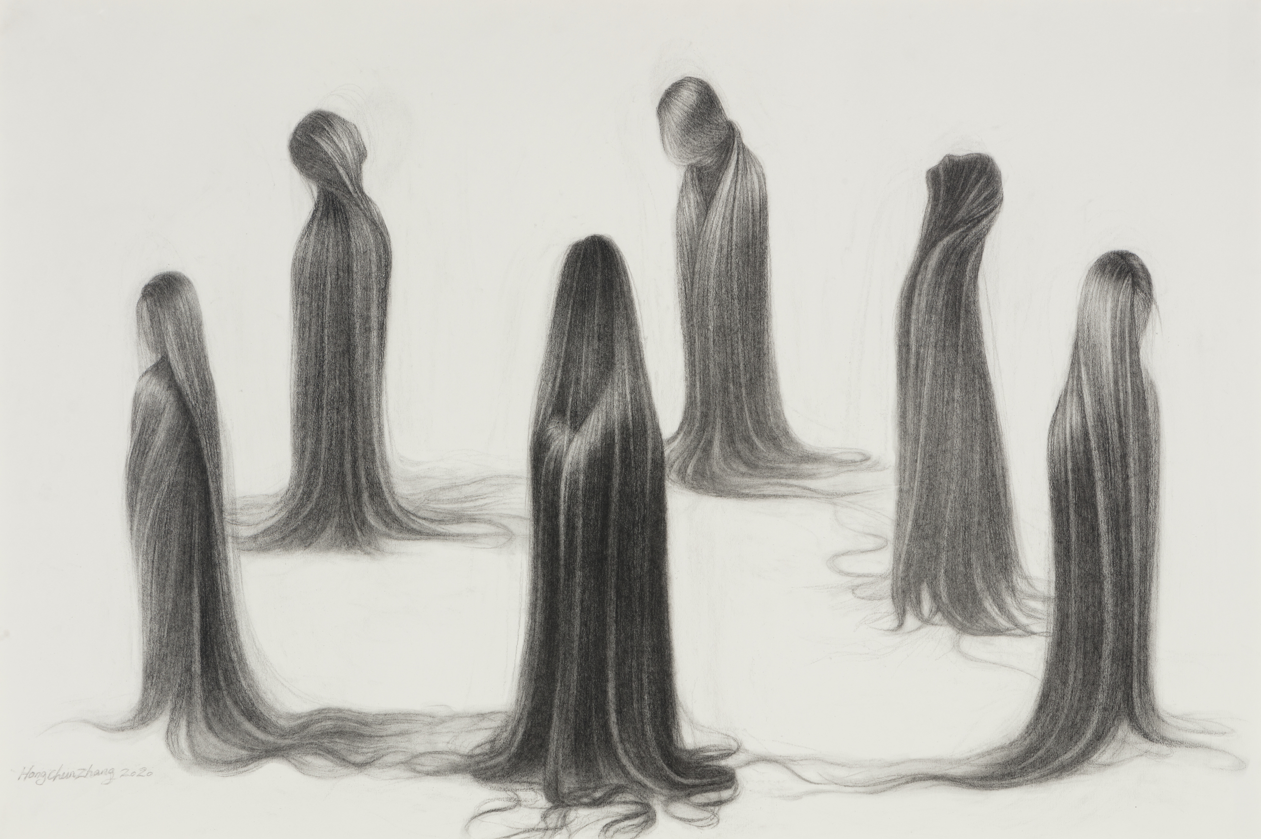 Six faceless figures with extremely long, flowing dark hair stand in a circle on a neutral ground. Rendered in charcoal with meticulous detail, their hair cascades to the floor and intertwines, creating an intricate web of connection between the figures despite their lack of visible identities.
