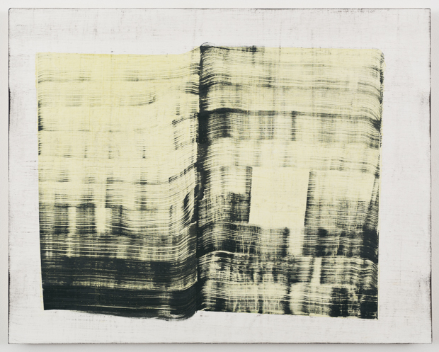 An abstract composition featuring horizontal striations and gestural marks in black ink or paint on a cream-colored ground, creating a sense of movement and layered depth across the rectangular surface.