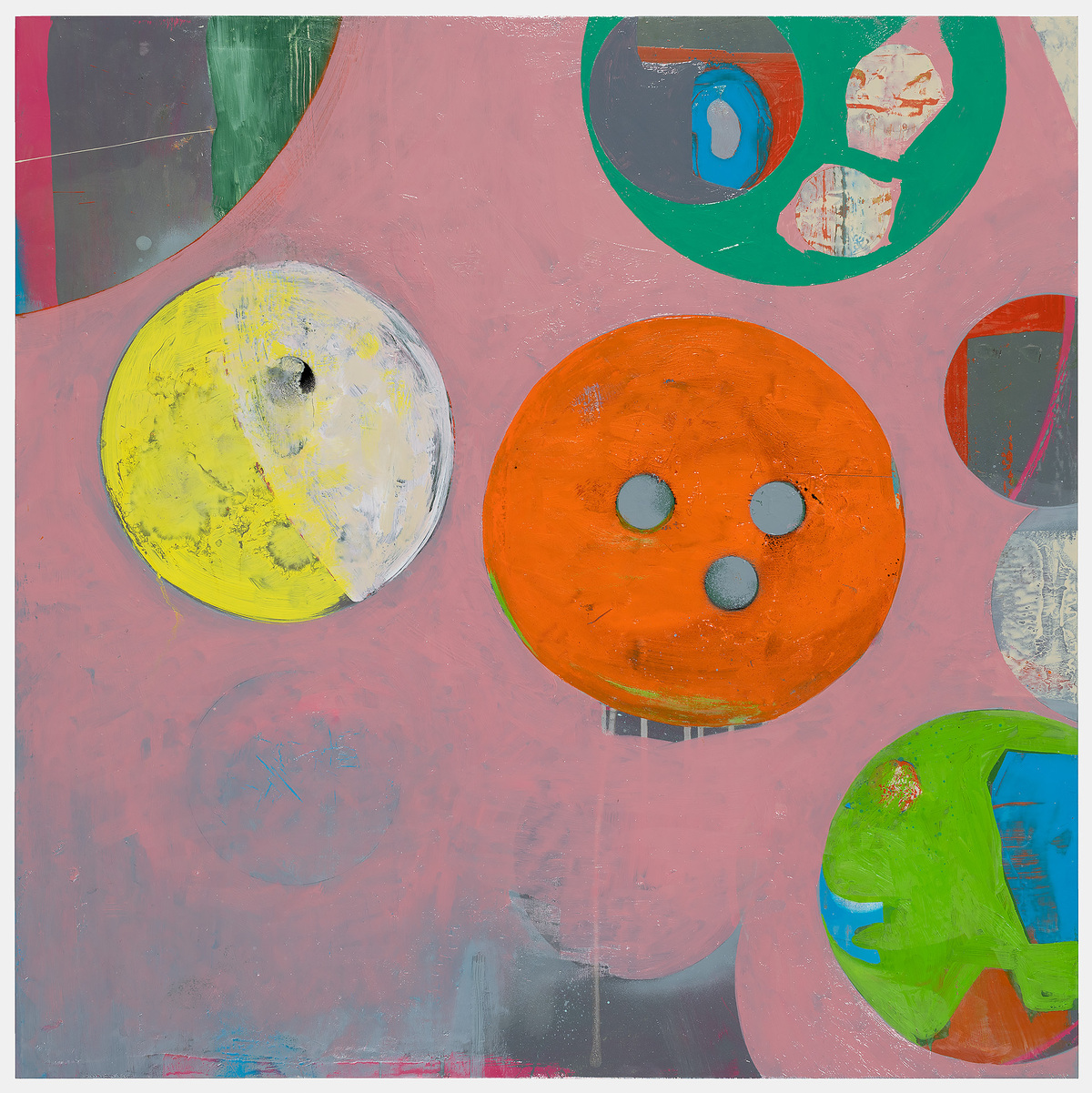 Abstract composition on a pink background featuring overlapping circular and organic shapes in vibrant colors including yellow, orange, green, and blue. The circles contain various apertures and cutouts revealing layered materials beneath, creating a playful, collage-like effect with visible texture and weathered surfaces.