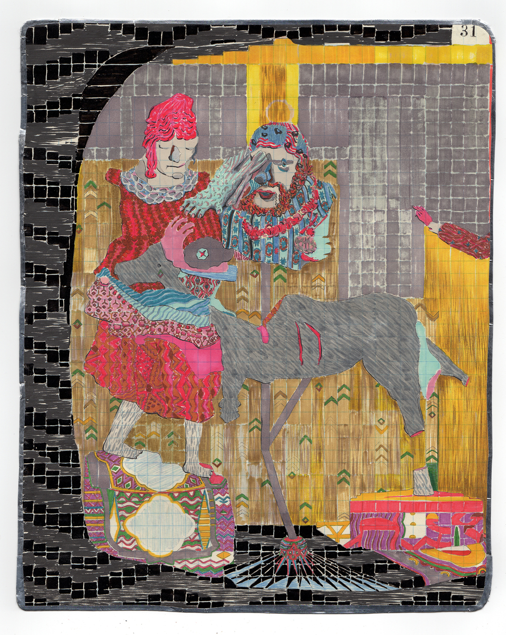 Vibrant mixed-media drawing featuring two elaborately dressed figures with bright pink and red hair adorned with ornate collars, set against a wooden interior with yellow architectural elements. The composition combines colorful patterns, graphite shading, and geometric designs, with a gray dog and red objects in the lower portion, all framed by a bold black brick border.