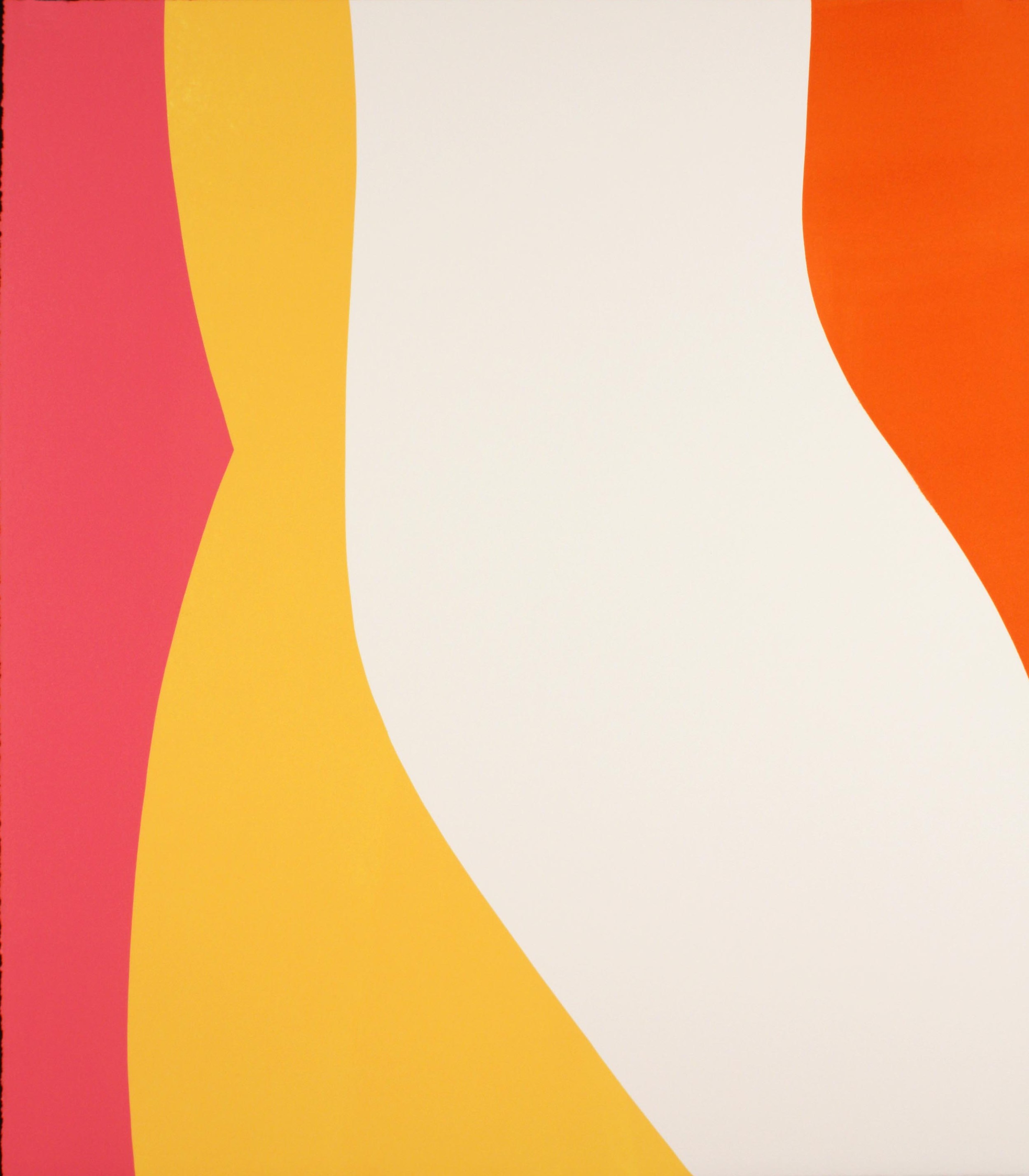 A bold abstract composition featuring three vertical color fields—coral pink on the left, golden yellow in the center, and bright orange on the right—separated by flowing, curved boundaries against a cream-colored ground. The sinuous edges create a sense of movement and visual rhythm across the composition.