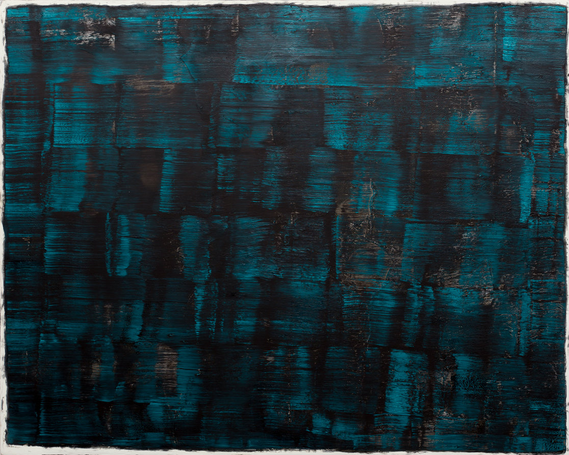 Abstract composition featuring a grid of rectangular blocks in deep teal and black tones with visible brushstrokes and textural layering, creating a sense of depth and movement across the surface.