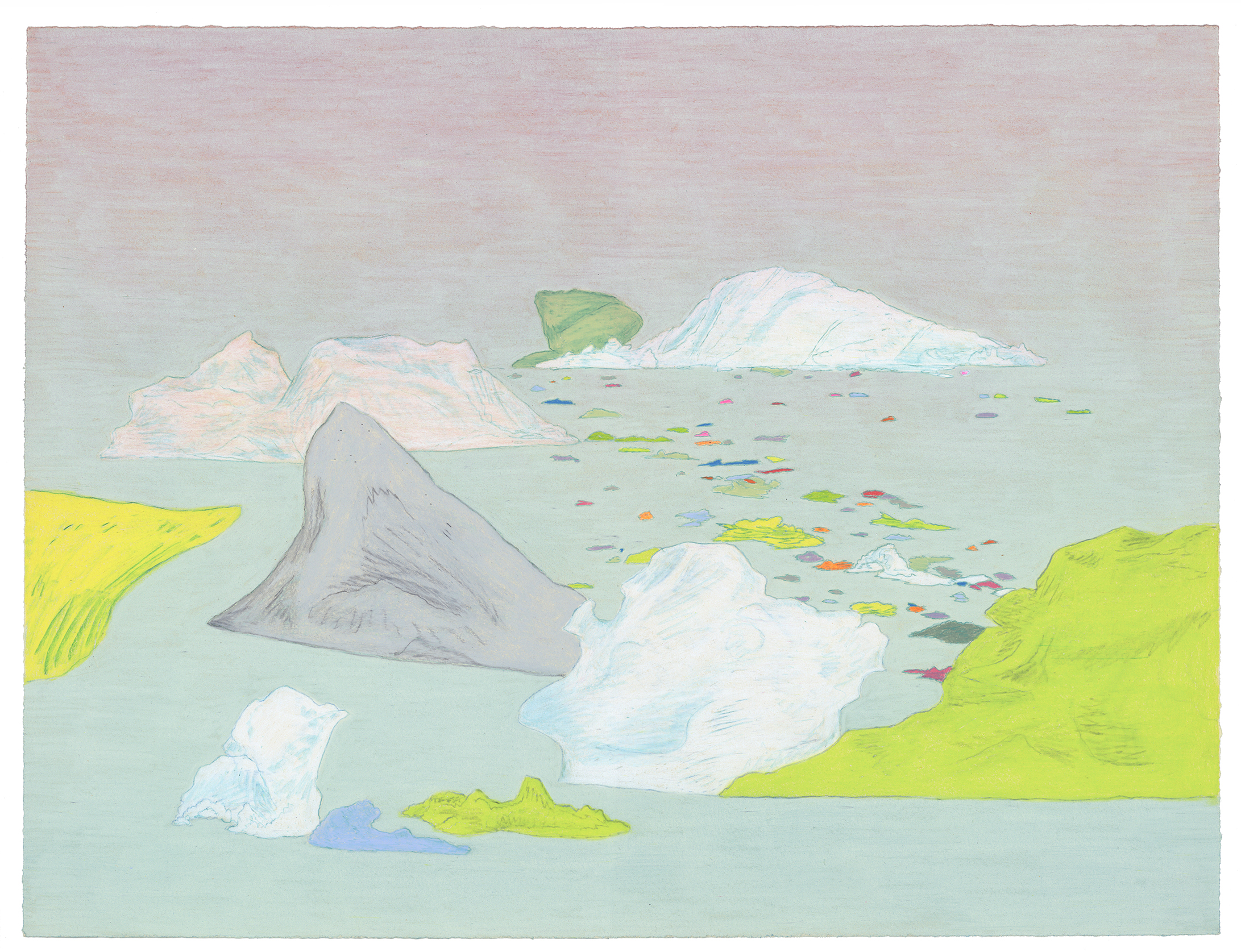 A serene Arctic seascape rendered in soft colored pencil, depicting white and pale blue icebergs floating in calm turquoise waters, with bright chartreuse-green land masses framing the composition on either side and scattered debris in muted tones across the water.