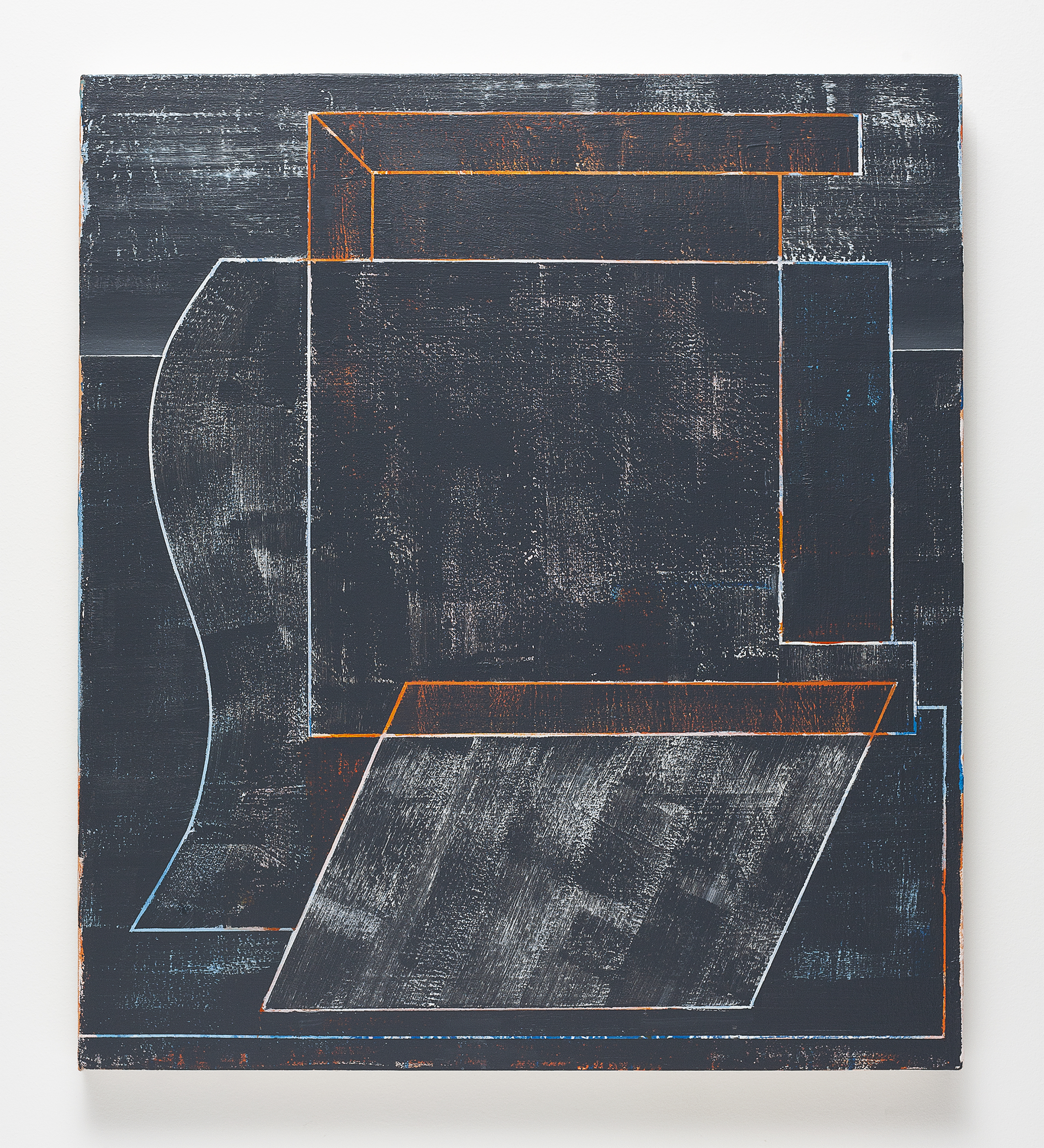 A dark textured canvas layered with geometric line drawings in white, orange, and blue. Overlapping angular shapes—including curved forms, parallelograms, and rectangles—create an abstract compositional study with visible brushwork and weathered surface effects.