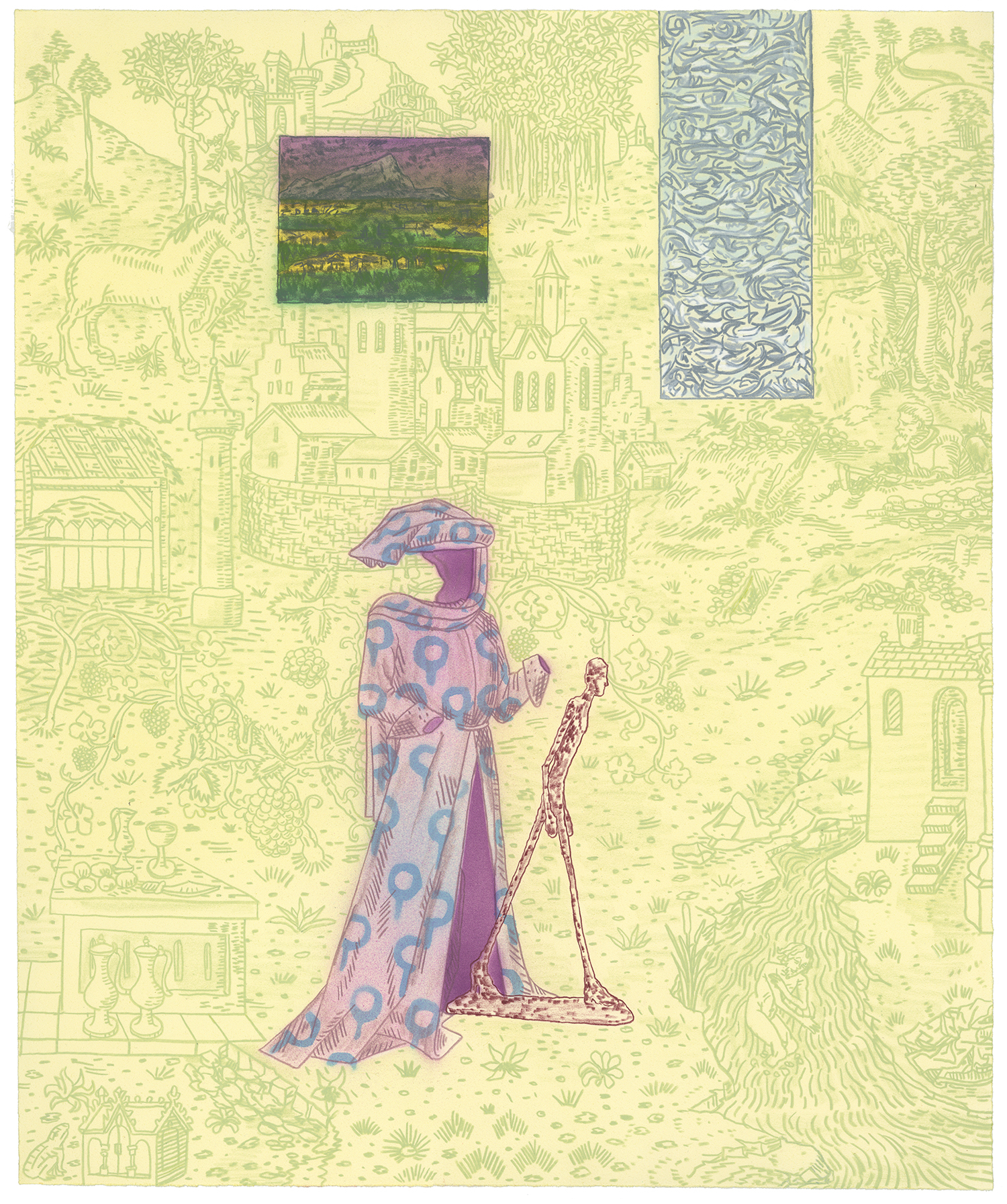 A figure in an ornate purple and blue patterned robe stands against a pale yellow background filled with detailed architectural and botanical line drawings. Two smaller framed images—one depicting a landscape with mountains and fields, the other showing an intricate blue and white pattern—are positioned above the figure, which holds a long staff or walking stick.