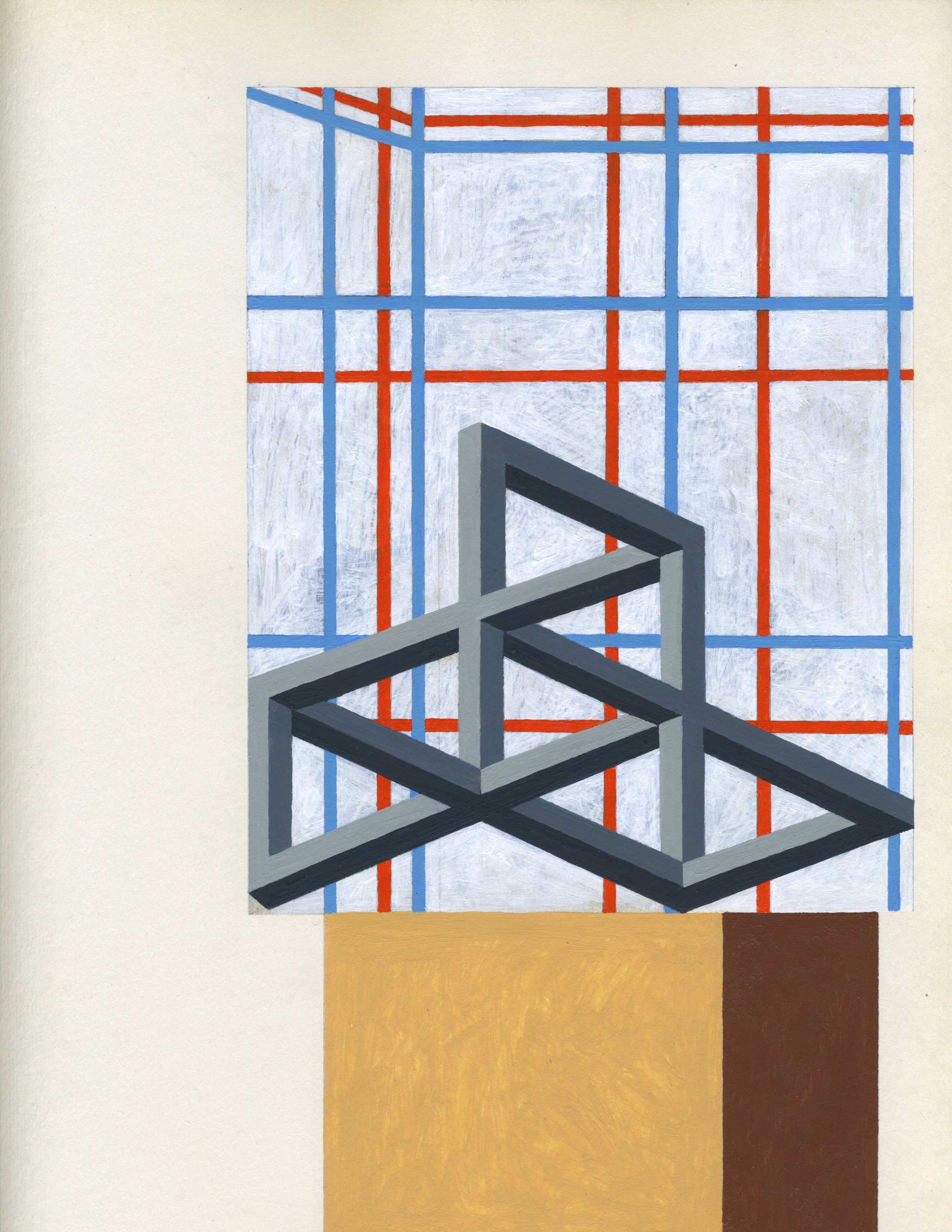 Abstract geometric composition featuring overlapping black and gray three-dimensional rectangular forms against a grid background of blue and red lines on white. Below, two solid color rectangles in ochre yellow and dark brown anchor the lower portion of the composition.