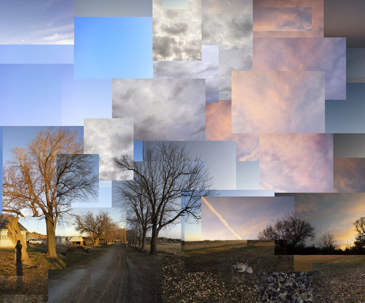 Layered landscape composition combining rural scenes with bare trees, dirt roads, and fields arranged in overlapping rectangular sections. The collage blends soft peachy and purple cloud formations with cool blue sky patches and warm golden light across the grassy terrain, creating a fragmented, dreamlike view of a countryside vista.