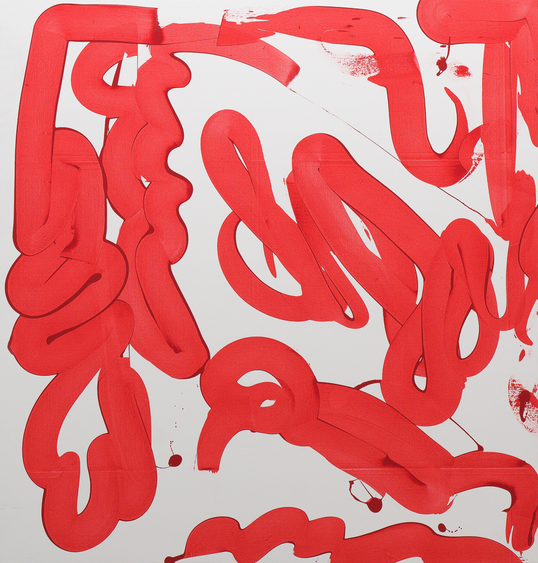 Vibrant red organic forms with undulating, ribbon-like shapes sprawl across a white canvas, creating an energetic abstract composition. The gestural marks and flowing lines suggest movement and spontaneity, with occasional areas of dripping and splattering adding to the dynamic quality of the work.