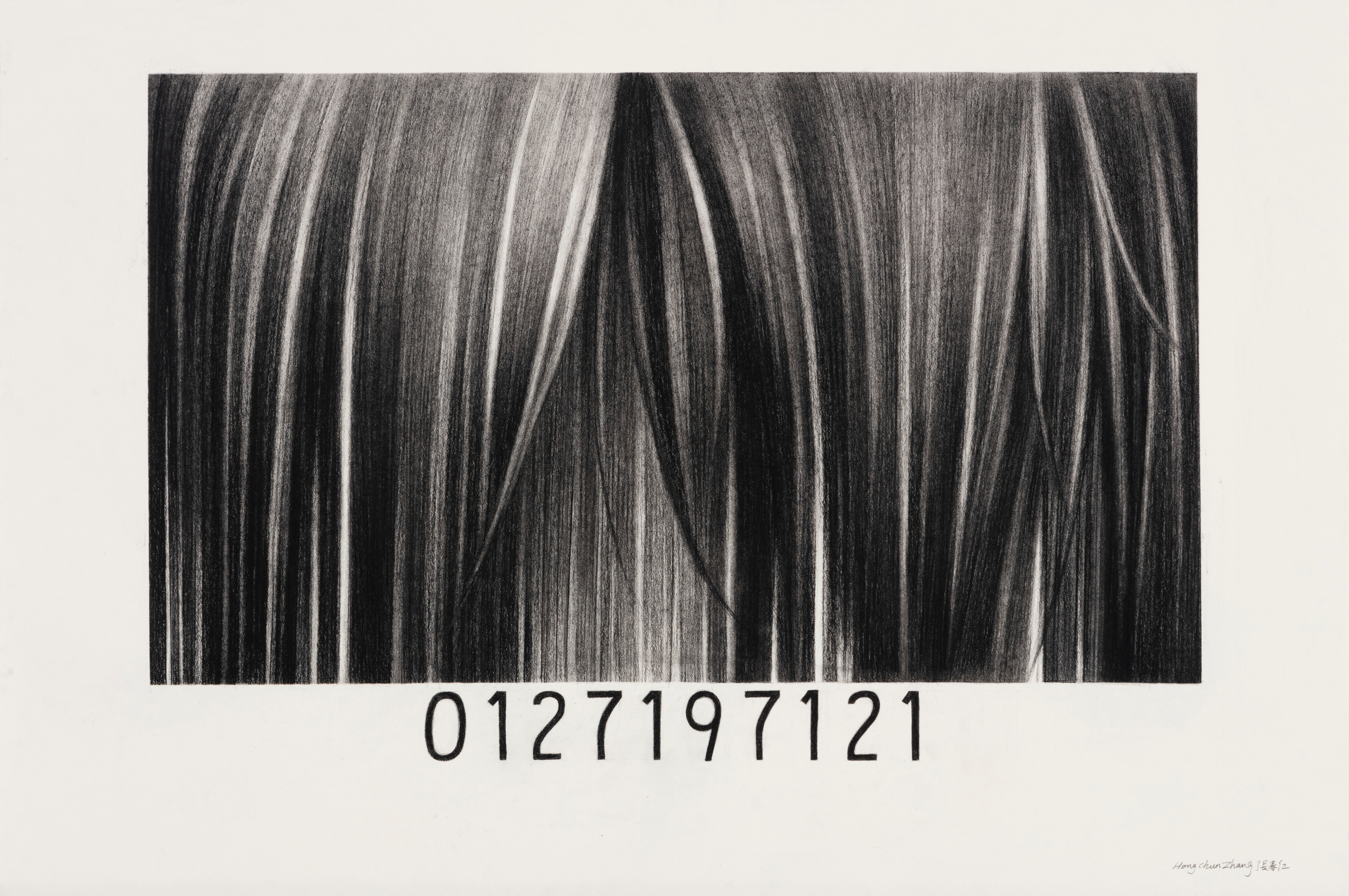 A barcode rendered in charcoal with vertical striations and shading, creating a three-dimensional effect against a light background. The numerical sequence 0127197121 appears directly beneath the barcode in printed type.