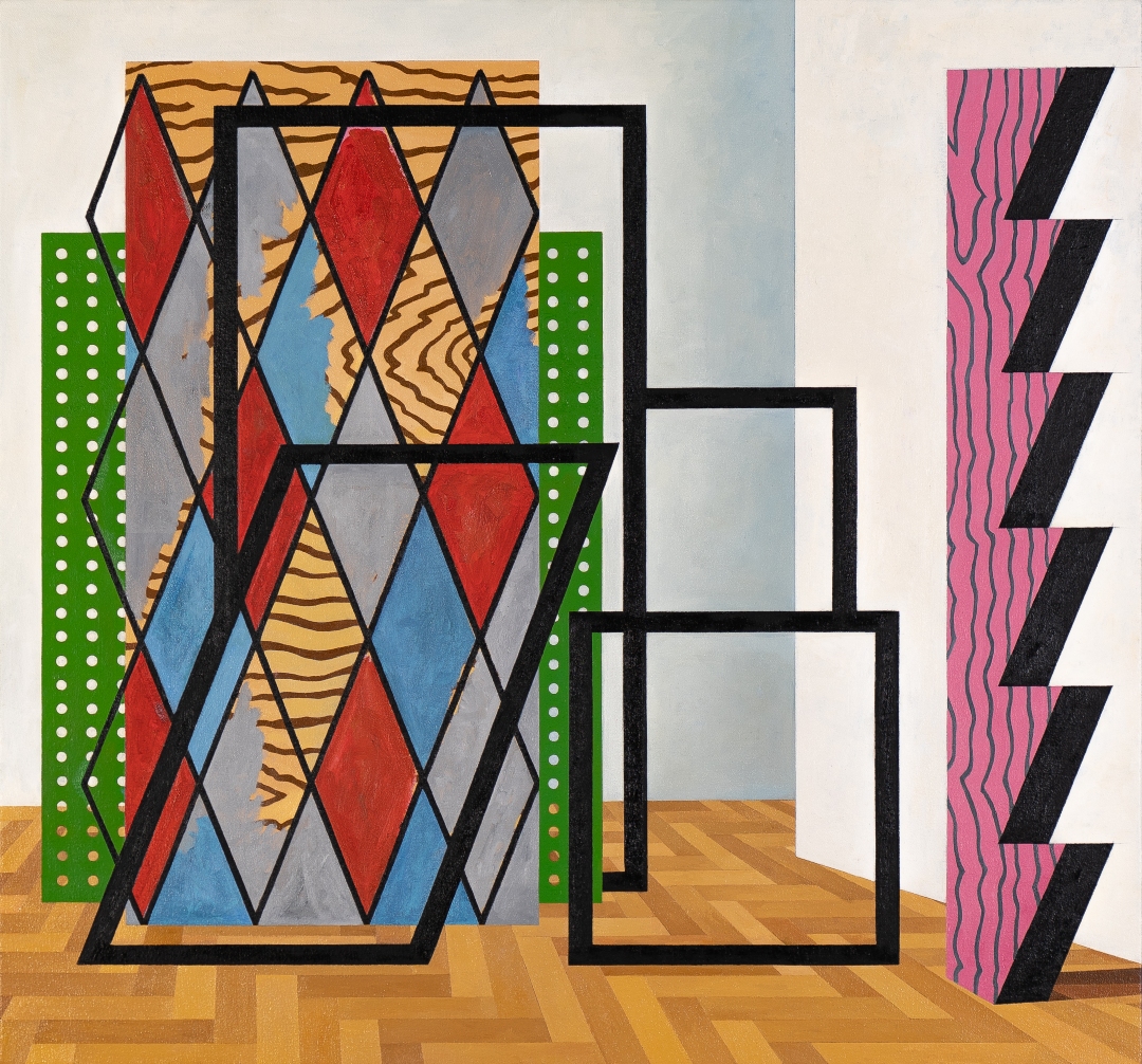 Abstract geometric composition featuring layered rectangular frames with contrasting patterns: a central diamond-patterned panel in red, blue, and gray with black outlines; flanking green sections with white polka dots; warm orange and brown textured backgrounds; and a pink panel on the right with black zigzag forms. The overlapping rectangular frames create depth against a wooden parquet floor rendered in warm tones.