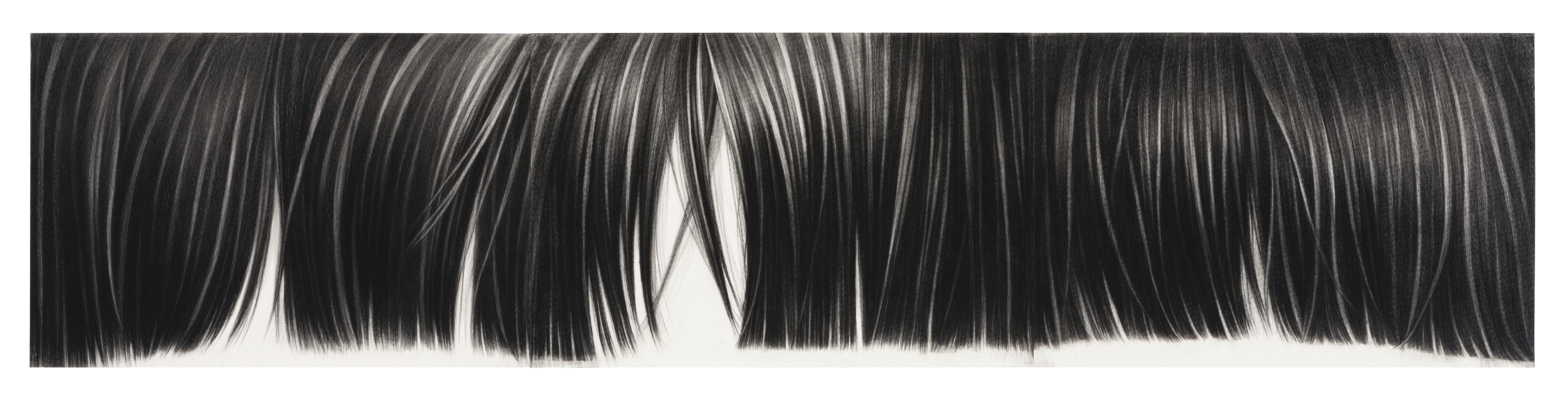 A horizontal charcoal drawing depicting a thick fringe of dark hair rendered in fine, parallel lines against a white background, with subtle variations in tone and delicate highlights creating dimension and movement across the composition.