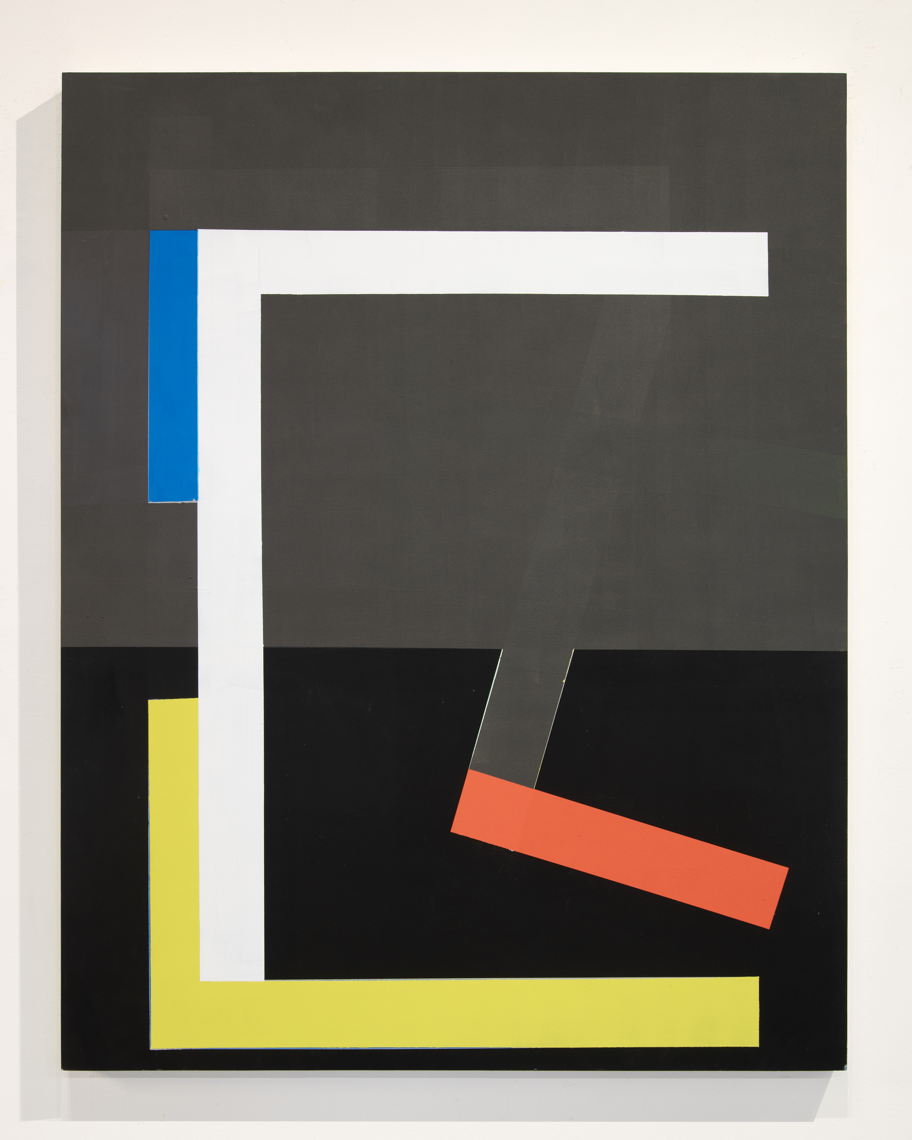 Abstract geometric composition featuring nested rectangular forms in white, dark gray, and black, accented with a bright blue vertical bar on the left, a yellow-green horizontal band at the bottom, and a coral-red diagonal rectangle in the center-right. The layered shapes create a sense of depth and spatial complexity against a neutral background.