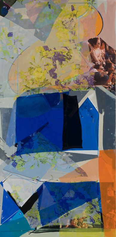 A vertically-oriented mixed media collage featuring bold geometric shapes in cobalt blue, yellow, and orange layered over floral patterns and photographic elements. Abstract cutout forms create depth and movement across the composition, with overlapping planes of color and printed imagery suggesting fragmented landscapes and botanical motifs.